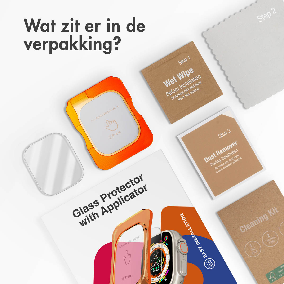 Een verpakking met een glasschermbeschermer en reinigingskit voor een Apple Watch Ultra, met instructies.