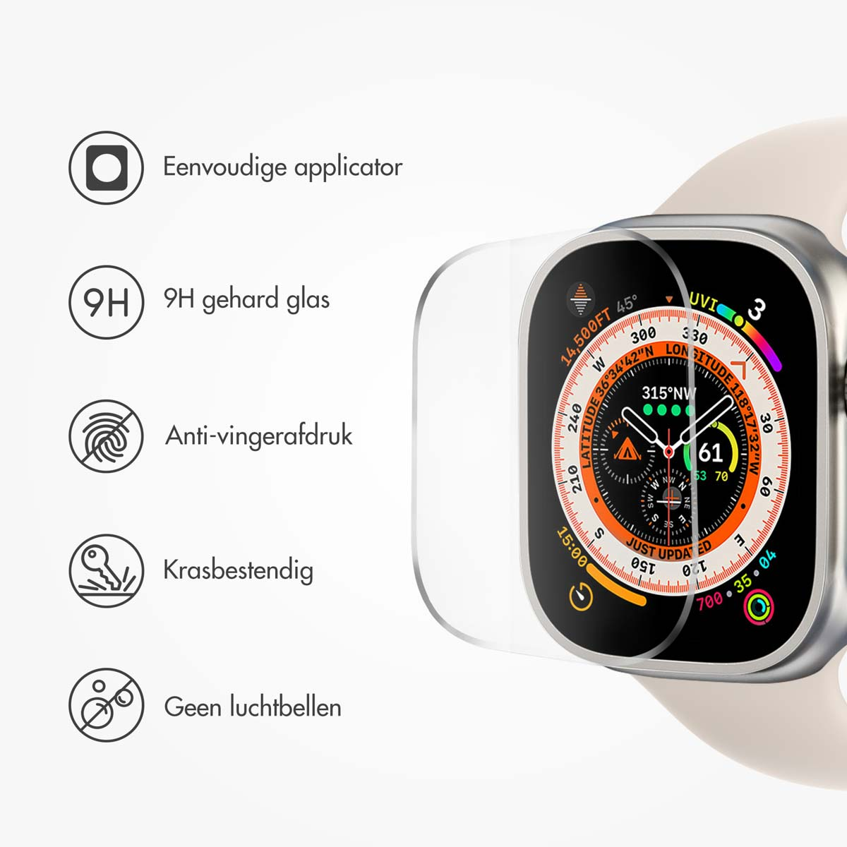 Apple Watch en schermbeschermer. Tekst en iconen links. Witte achtergrond.