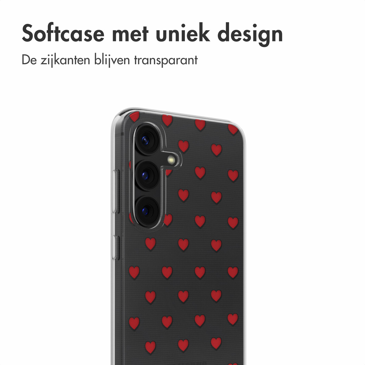 Transparante telefoonhoes met rode hartjes op een donkere achtergrond.