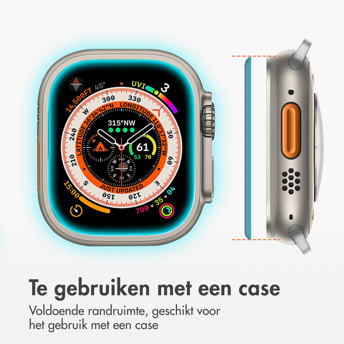 Apple Watch Ultra. Zijkant en voorkant. Display met gegevens. Tekst: 'Te gebruiken met een hoesje'.