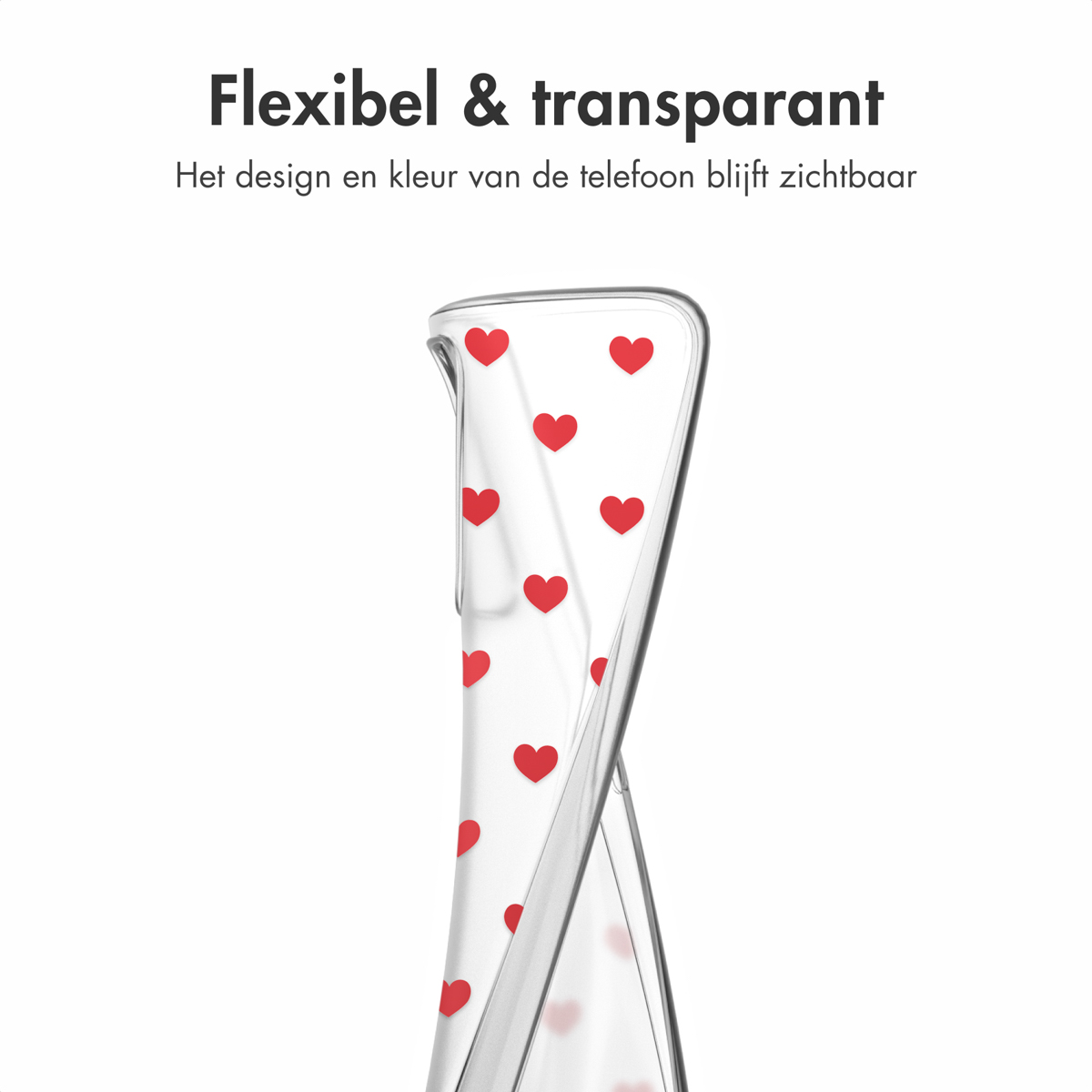 Transparante telefoonhoes met rode harten, design zichtbaar, op een witte achtergrond.