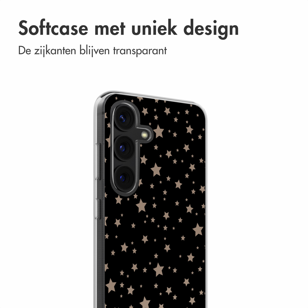 Zwarte telefoonhoes met sterrenpatroon. Telefoon gedeeltelijk zichtbaar links.