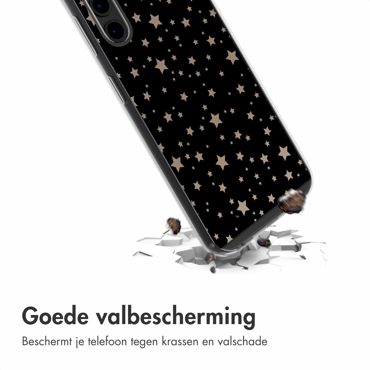 Un telefono con custodia nera con stelle che cadono su una superficie incrinata.