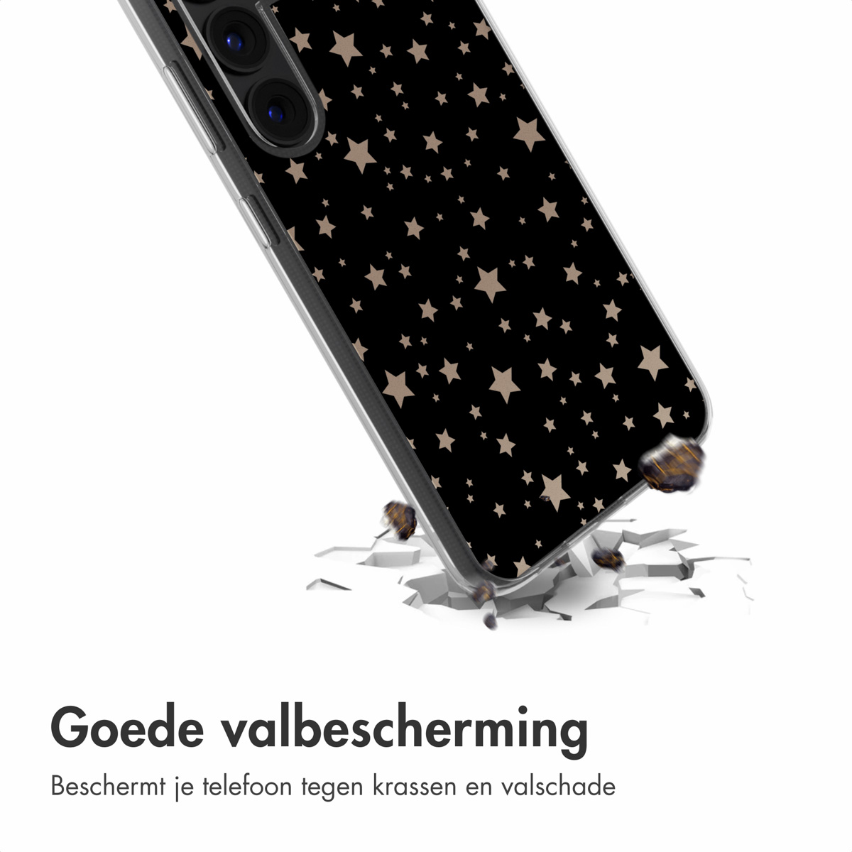 Transparante telefoonhoes met bruine sterren op zwarte achtergrond. Hoesje breekt.
