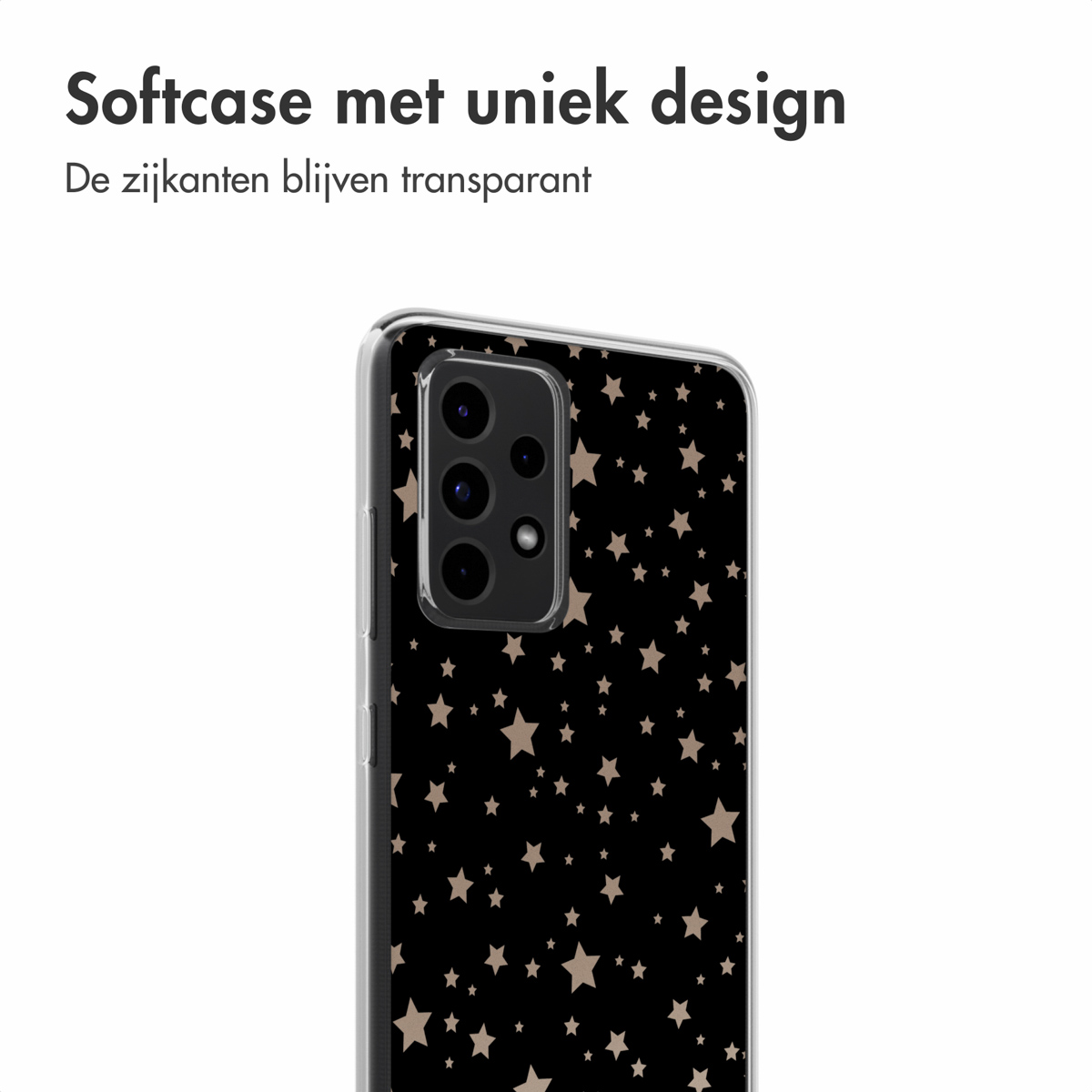 Telefono in custodia trasparente con motivo a stelle. Testo: Softcase con design unico.