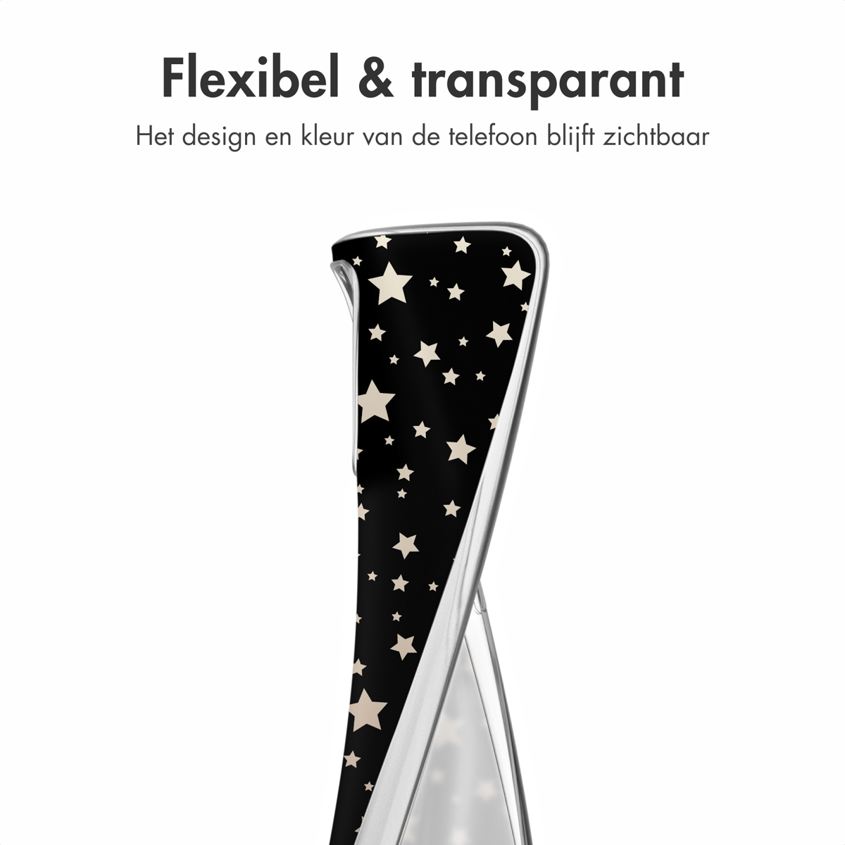 Custodia per telefono con motivo a stelle. Testo: Flessibile e trasparente. Il design e il colore del telefono rimangono visibili.