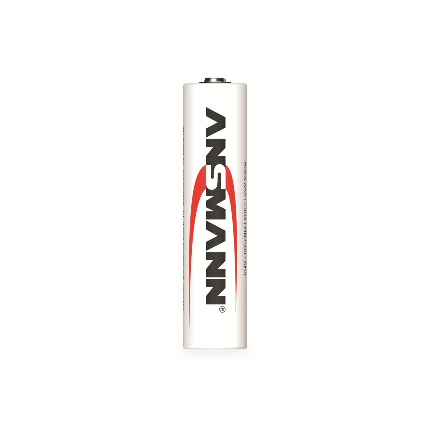 Eine weiße ANSMANN AAA-Batterie mit schwarzem und rotem Text auf weißem Hintergrund.