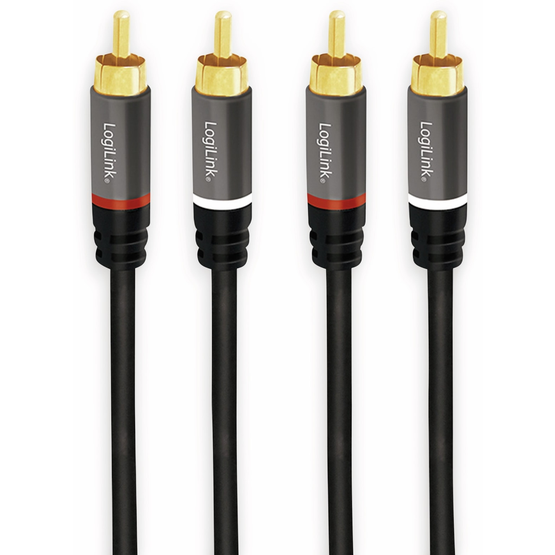 Cuatro cables de audio negros con conectores dorados. Cada cable tiene una banda roja y negra. Fondo blanco.