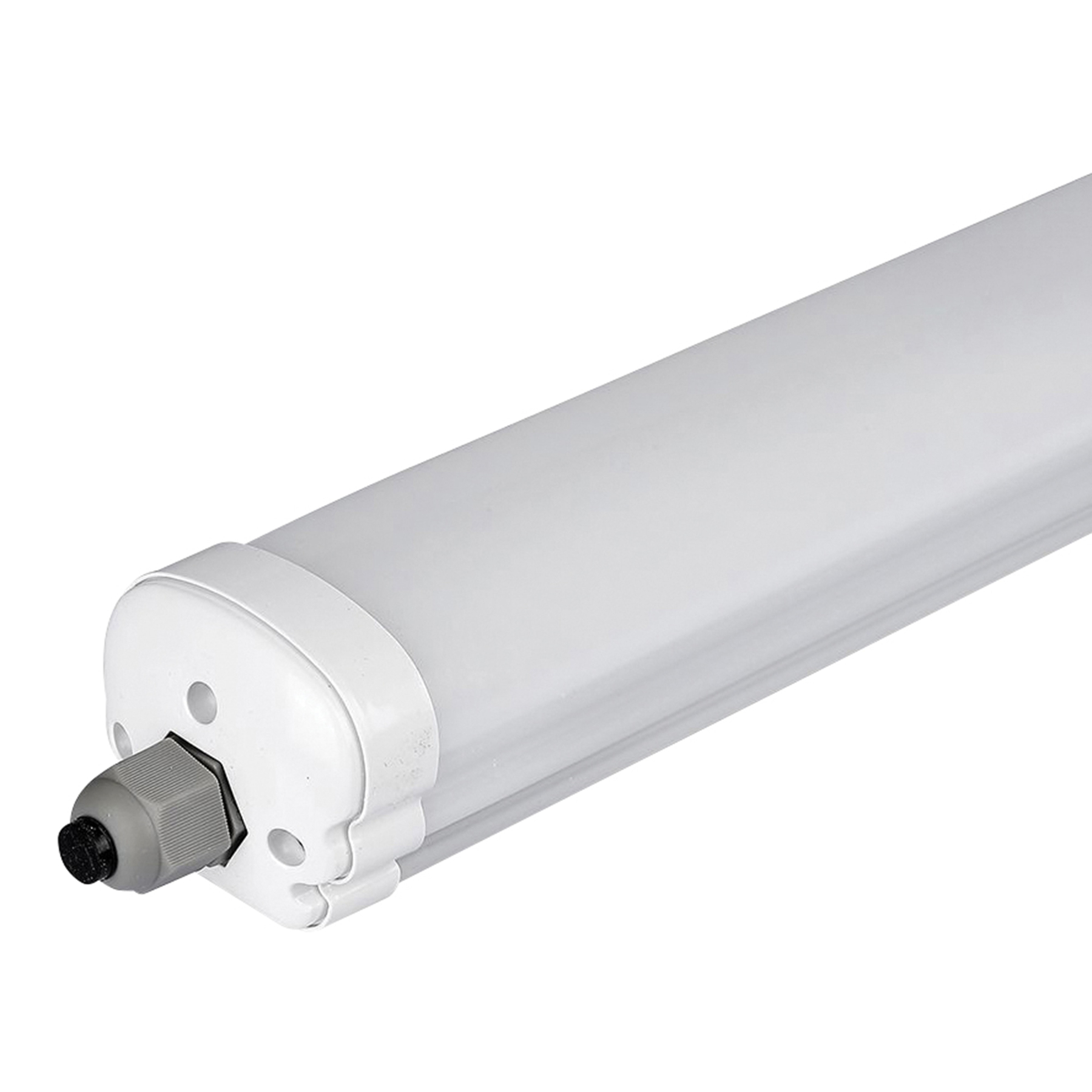 Apparecchio di illuminazione a LED bianco. La luce è lunga e rettangolare con un connettore per cavi grigio all'estremità.