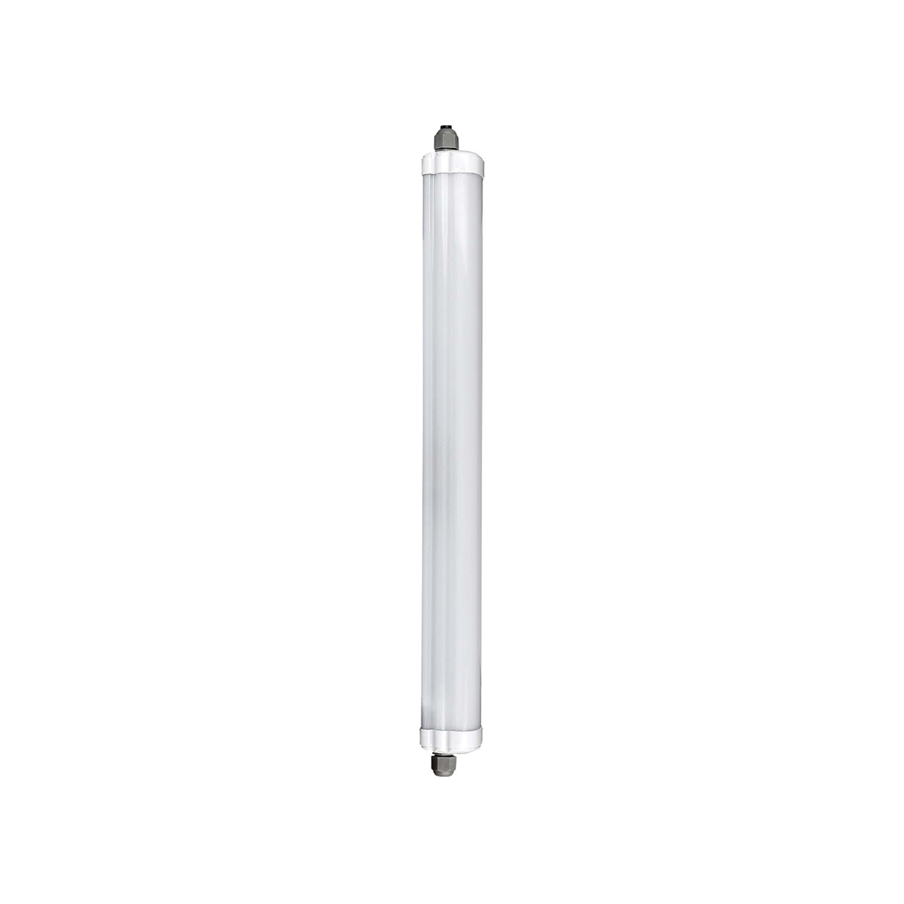 Apparecchio di illuminazione a LED cilindrico bianco su sfondo bianco.