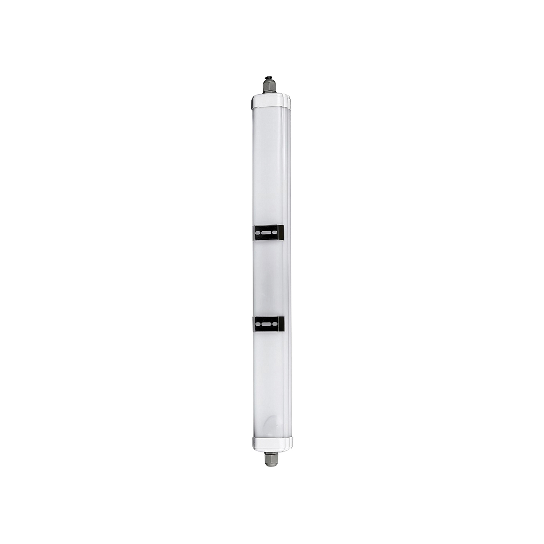 Un lungo apparecchio di illuminazione bianco e impermeabile. Ha due sezioni nere. Sfondo bianco.