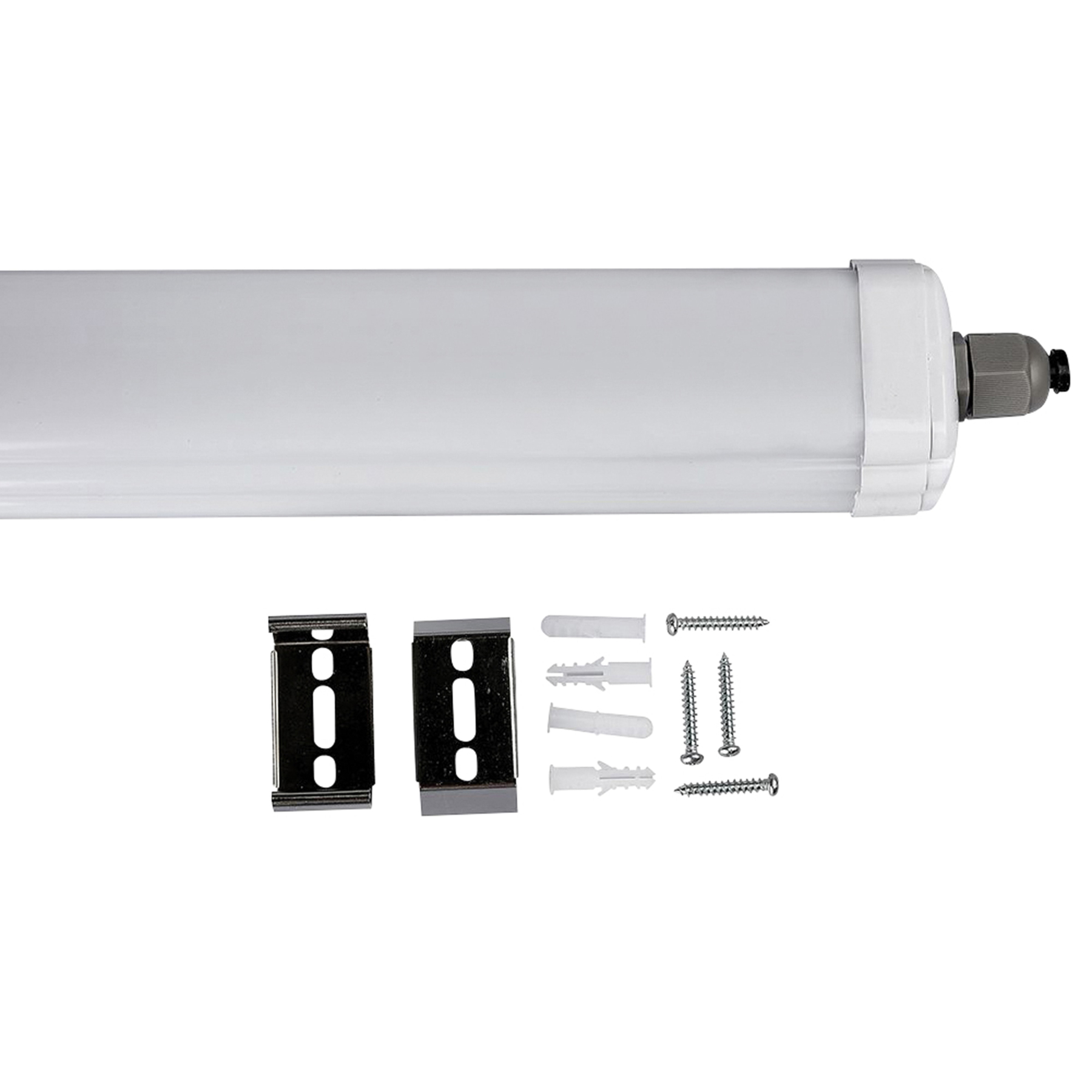 Tubo di luce fluorescente bianco con due staffe metalliche, viti e tasselli su sfondo bianco.