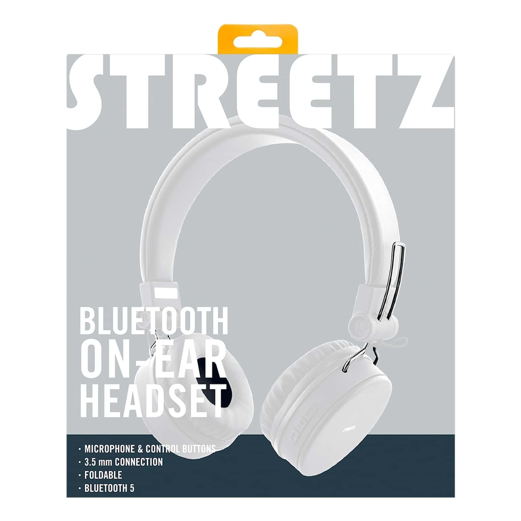 Weiße Bluetooth On-Ear-Kopfhörer mit Text auf der Verpackung. Es ist ein faltbares Headset.