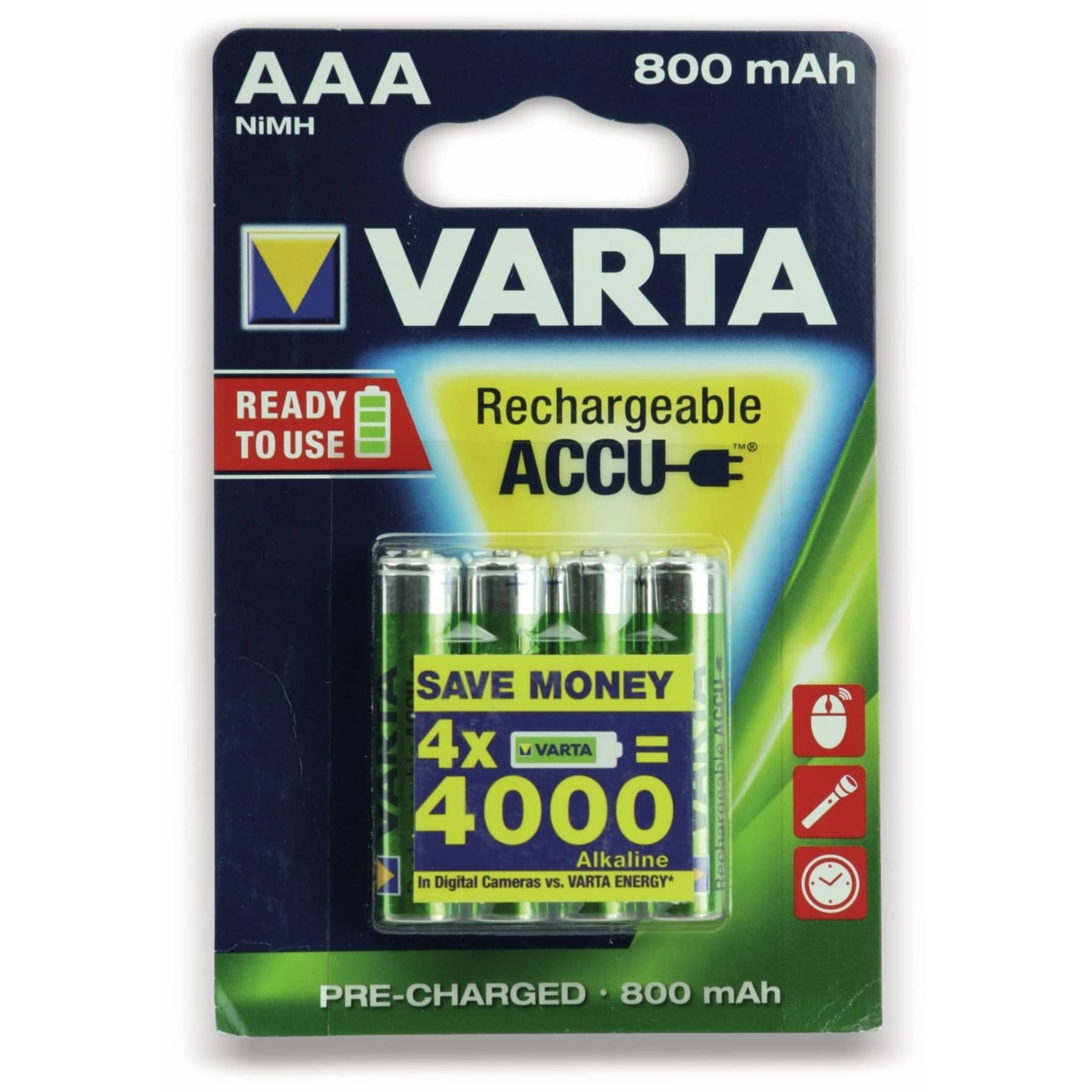 Ein Varta-Batteriepack mit 4 AAA-Batterien. Die Packung hat Text und Symbole.