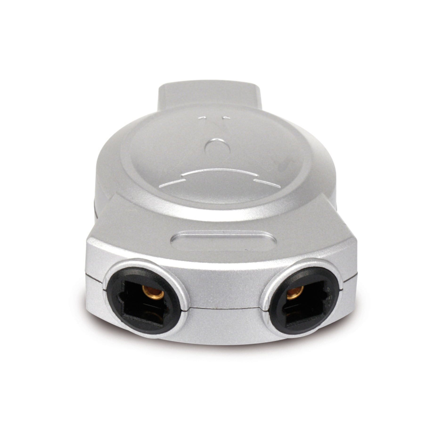 Sdoppiatore audio argento con due porte. Sfondo bianco.