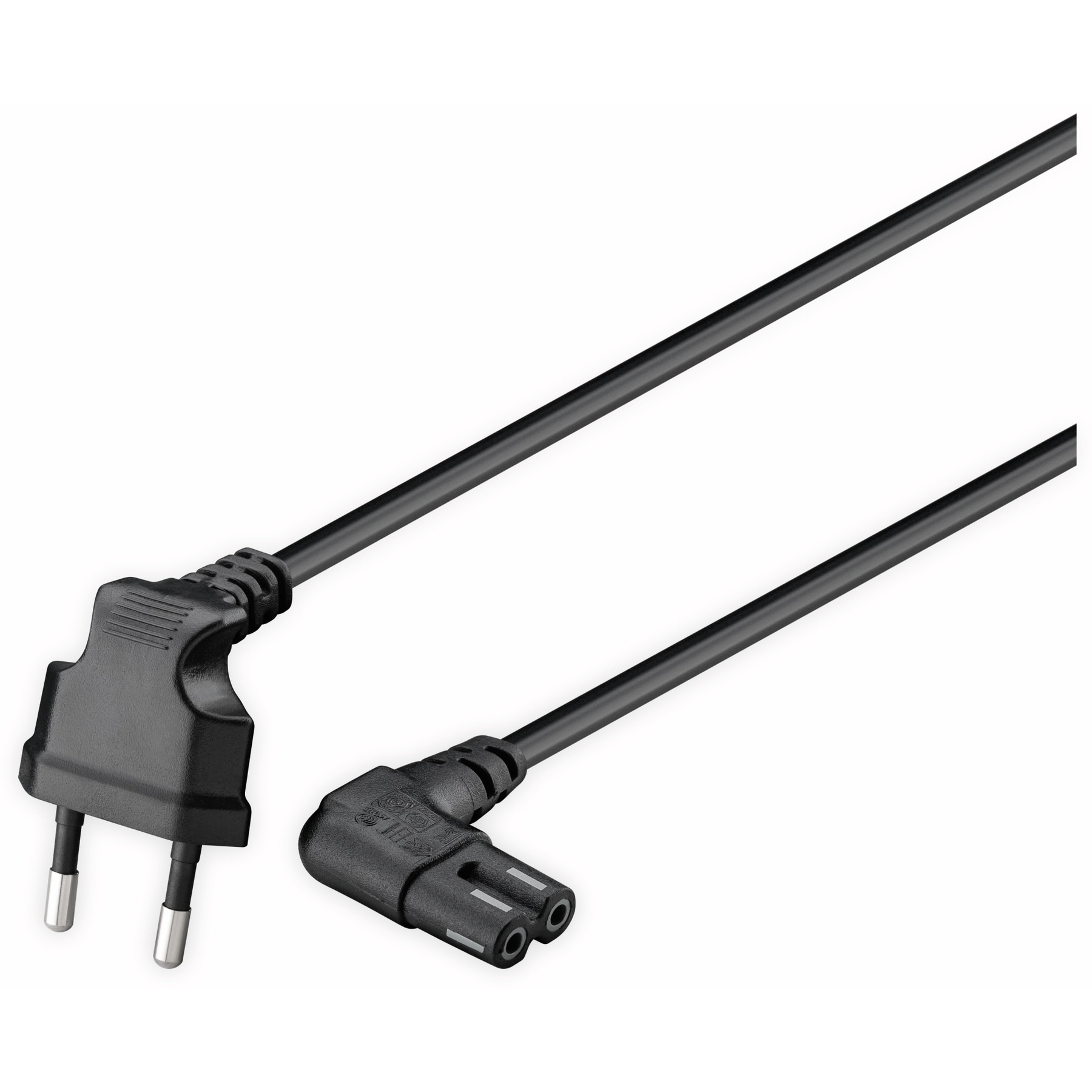 Czarny przewód zasilający z dwoma różnymi końcówkami. Jeden koniec ma dwa bolce, a drugi dwa otwory.