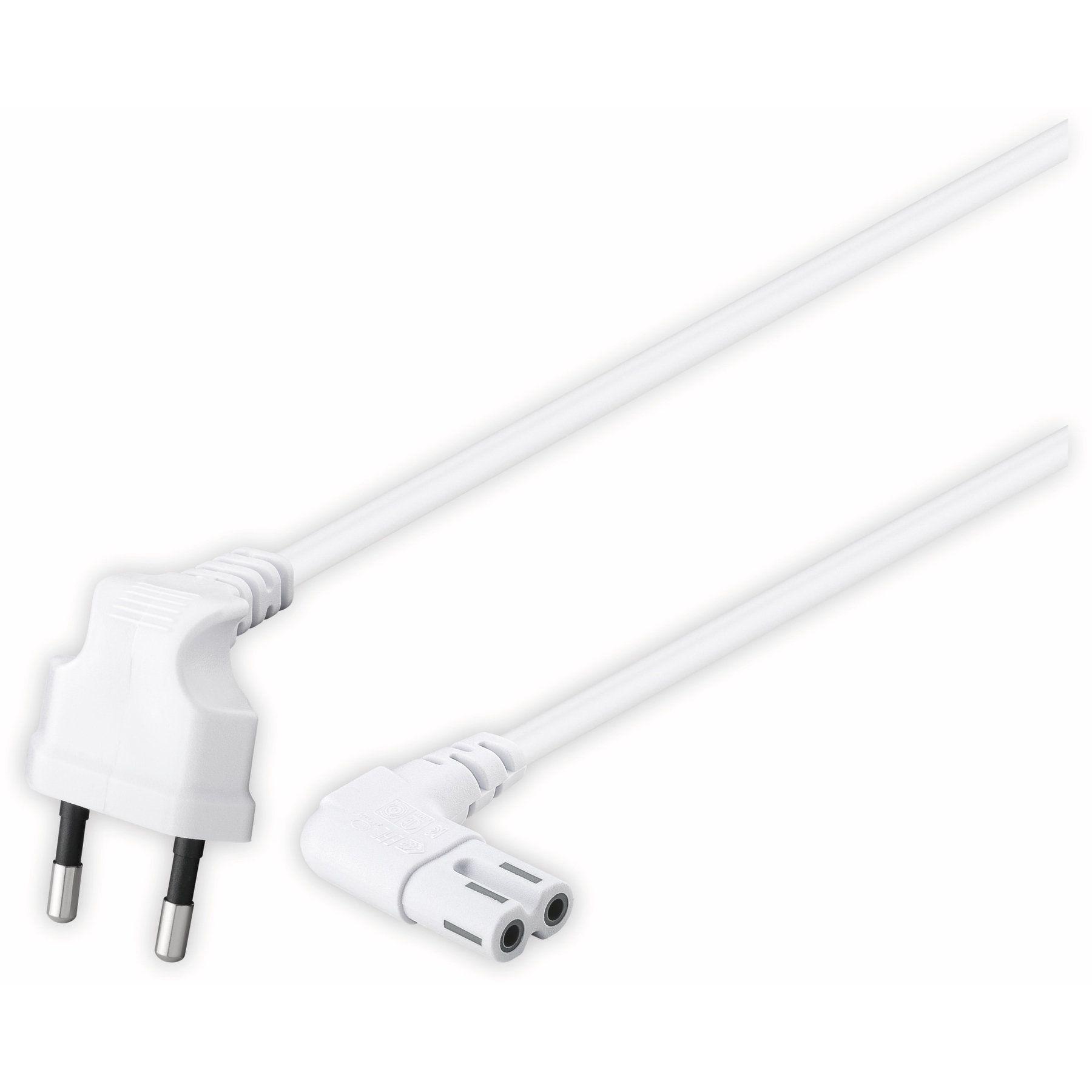 Biały kabel zasilający z wtyczką na jednym końcu i złączem na drugim. Kątowe złącze.