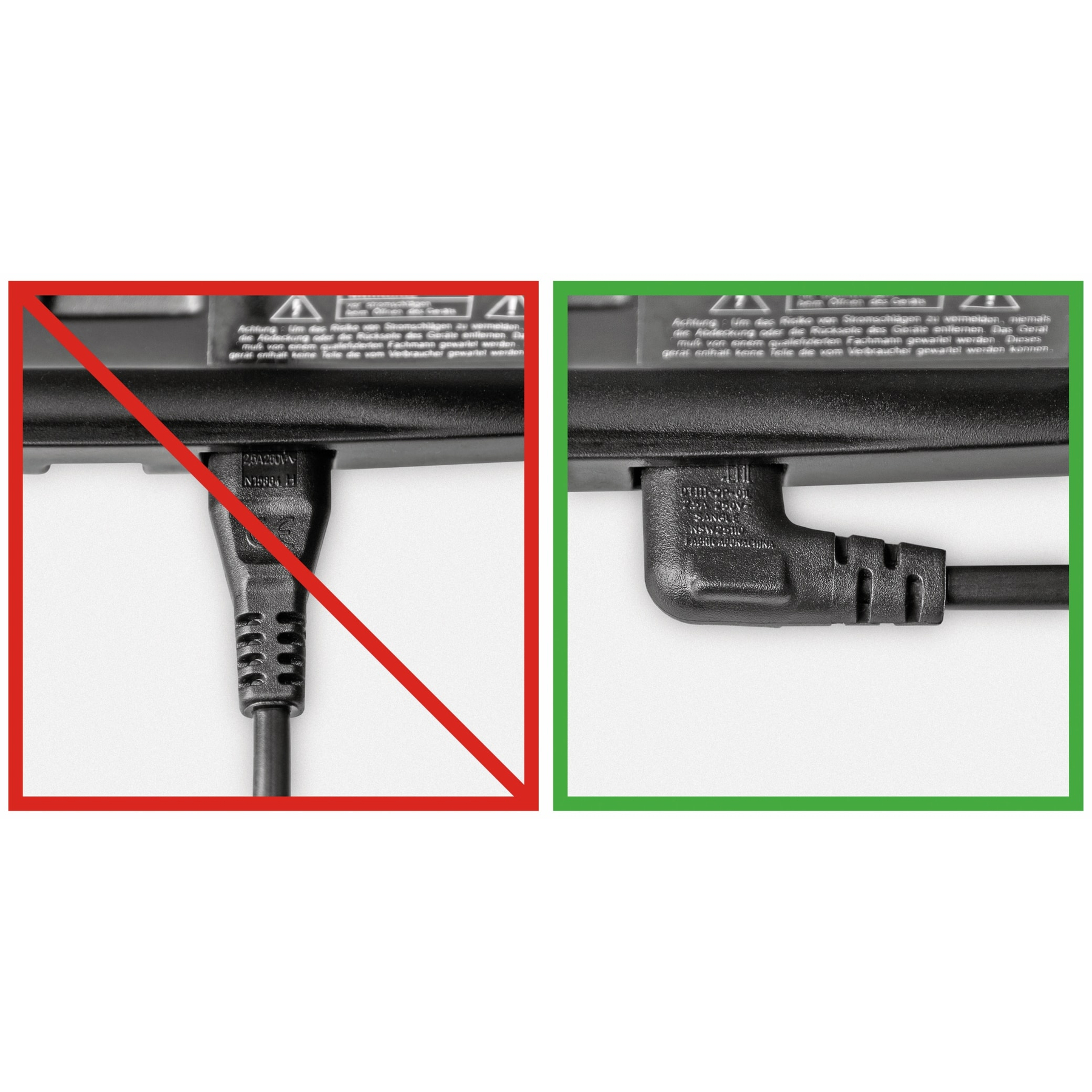 Obrazek przedstawia dwie wtyczki. Jedna jest prosta, przekreślona na czerwono. Druga jest kątowa, w zielonym polu.