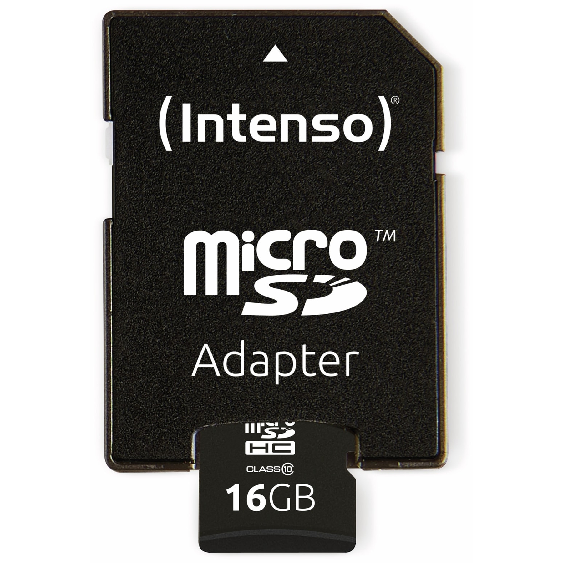 Ein schwarzer Micro-SD-Adapter mit eingelegter Micro-SD-Karte. Die Marke ist Intenso.