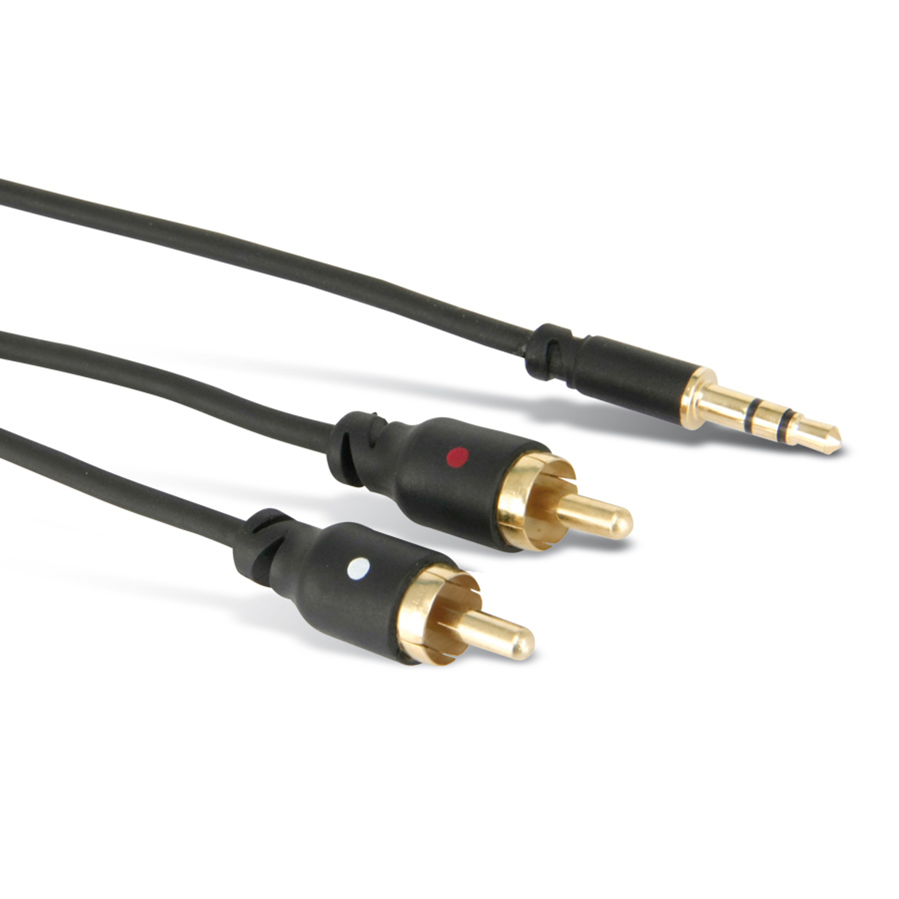 Audiokabel mit 3,5-mm-Klinke und zwei Cinch-Anschlüssen. Schwarzes Kabel mit roten und weißen Markierungen.