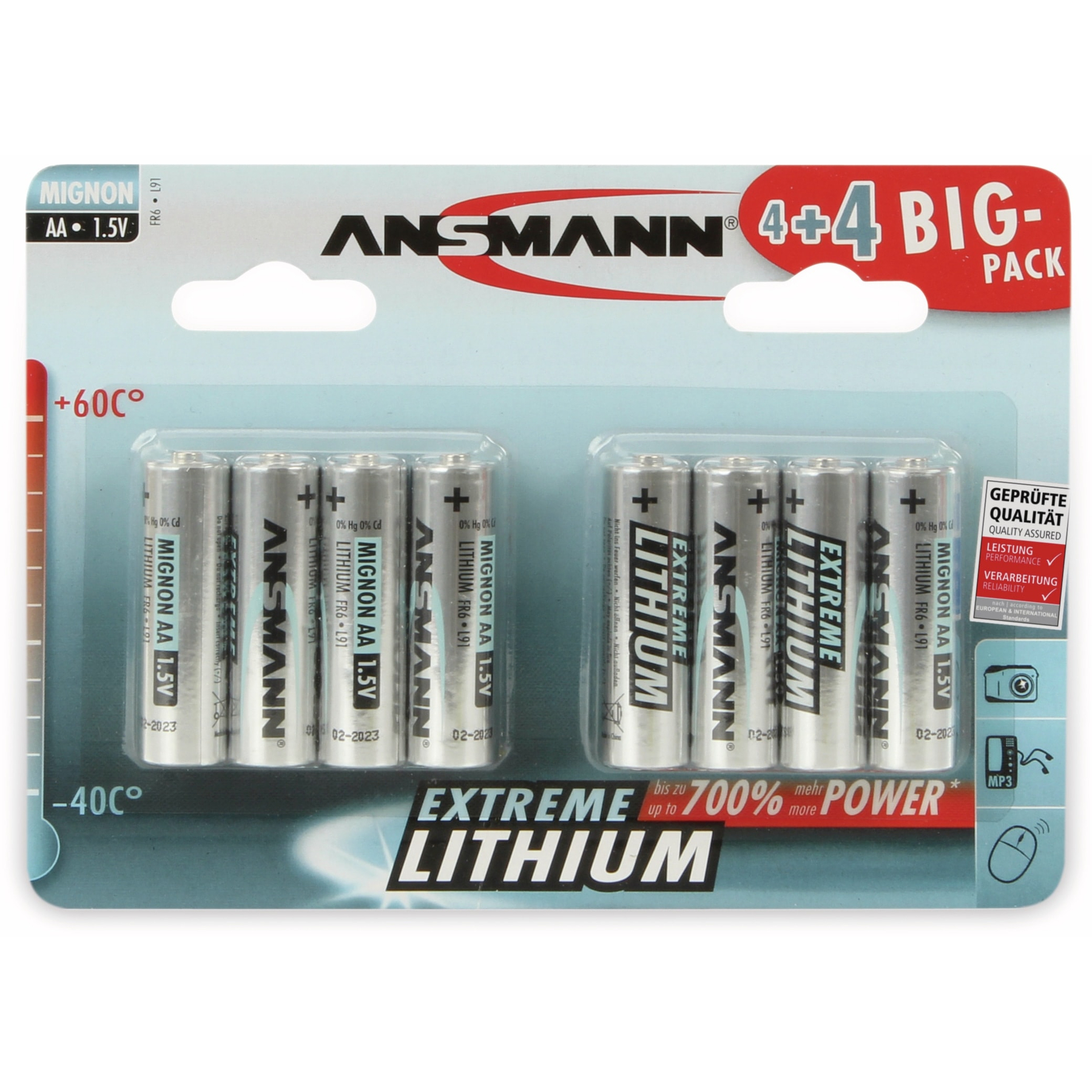 Een pak AA-batterijen. De verpakking heeft tekst in meerdere talen en een diagram met labels voor vermogen en kwaliteit.