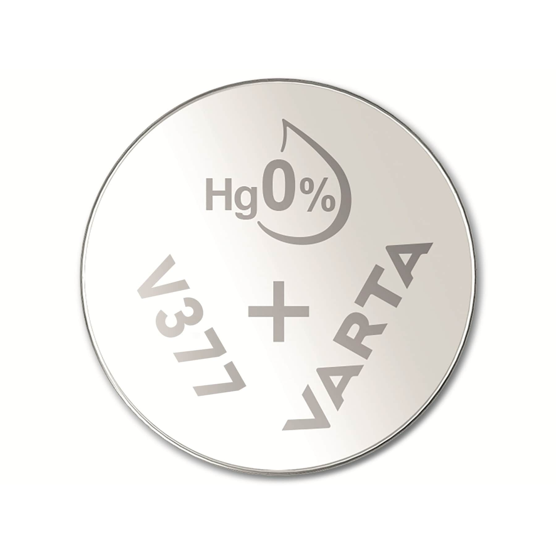 Srebrna bateria Varta z 'V377' i 'Hg 0%'. Znak plus w środku.
