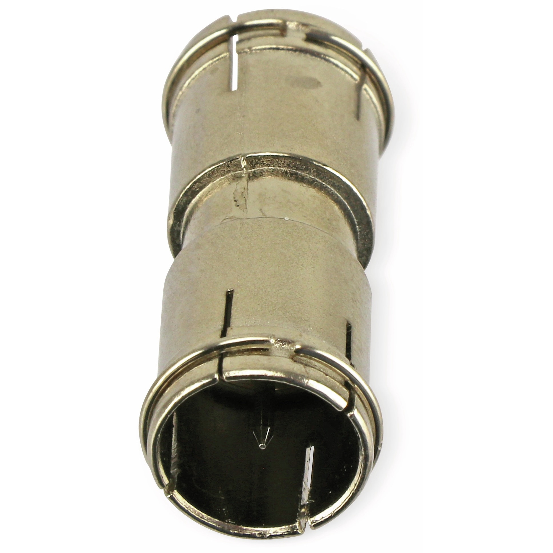 Metallischer, zylindrischer Stecker mit Stecker und Buchse, für Kabelverbindungen.