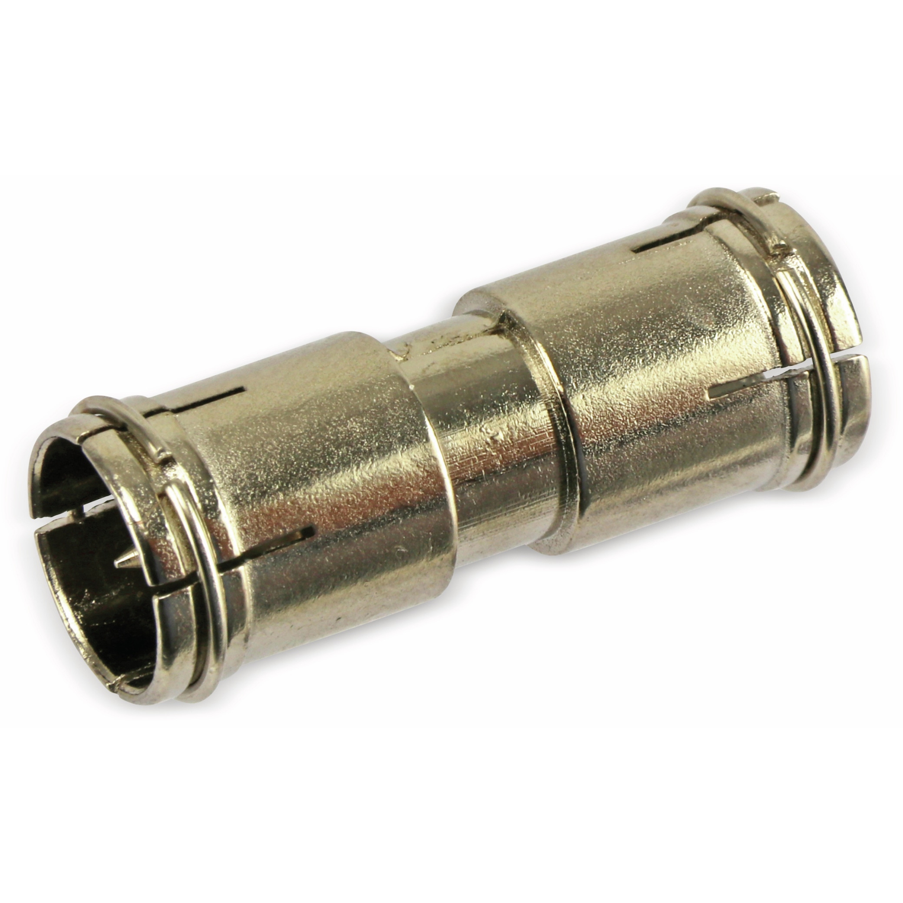 Ein Metallverbinder mit zylindrischen Teilen, die miteinander verbunden sind, mit Schlitzen an den Seiten.