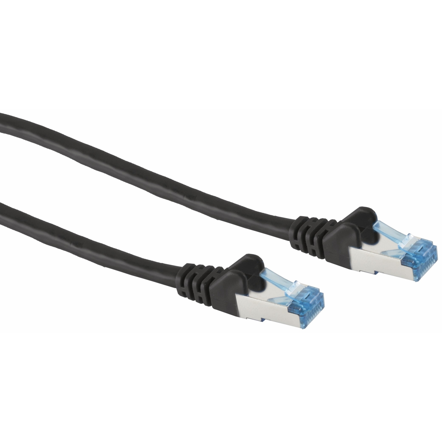 Deux câbles Ethernet noirs avec des connecteurs sur fond blanc.