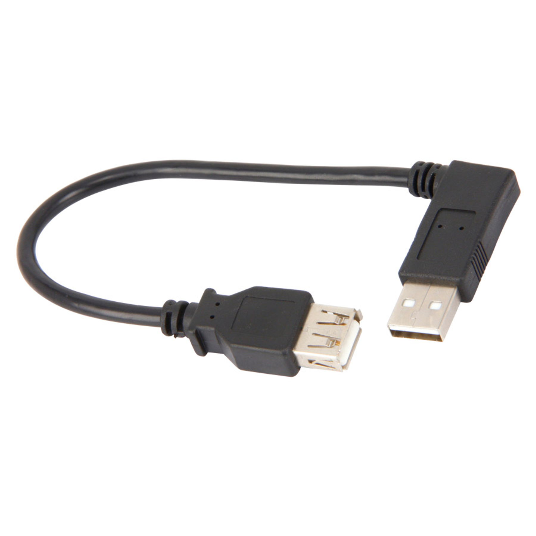 Schwarzes USB-Kabel mit rechtwinkligem Stecker auf weißem Hintergrund.