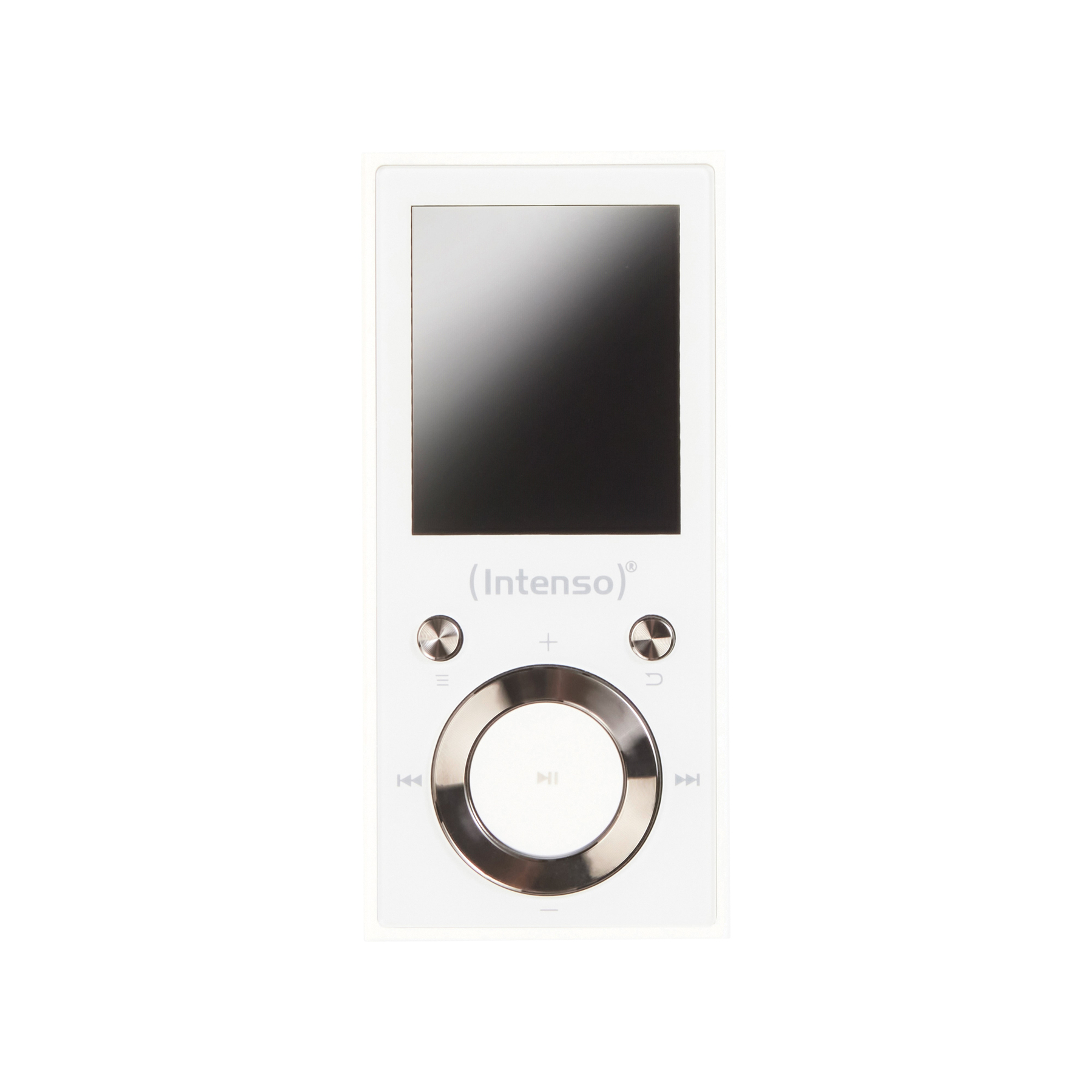 Ein weißer MP3-Player hat einen schwarzen Bildschirm mit Knöpfen darunter. Der Markenname ist (Intenso) oben.