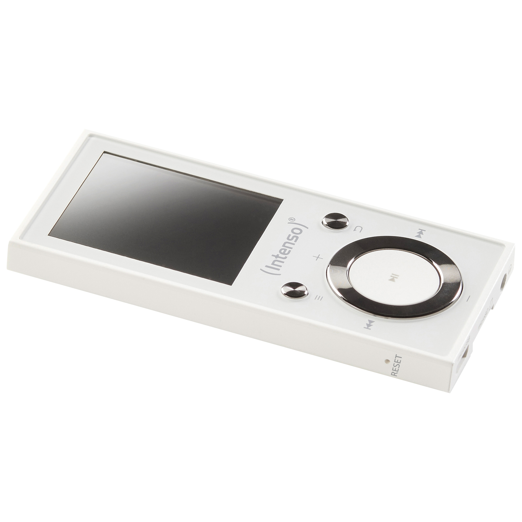 Ein weißer MP3-Player mit Bildschirm und Knöpfen. Der Hintergrund ist weiß.