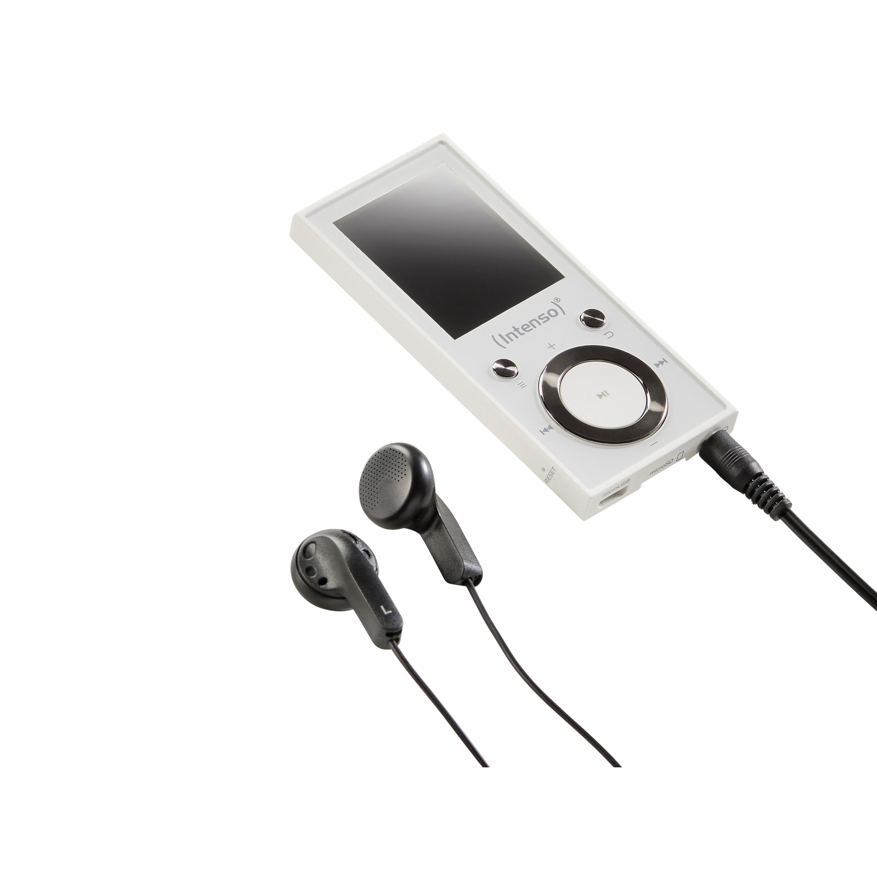Ein weißer MP3-Player mit Kopfhörern, einem schwarzen Kabel und weißem Hintergrund.
