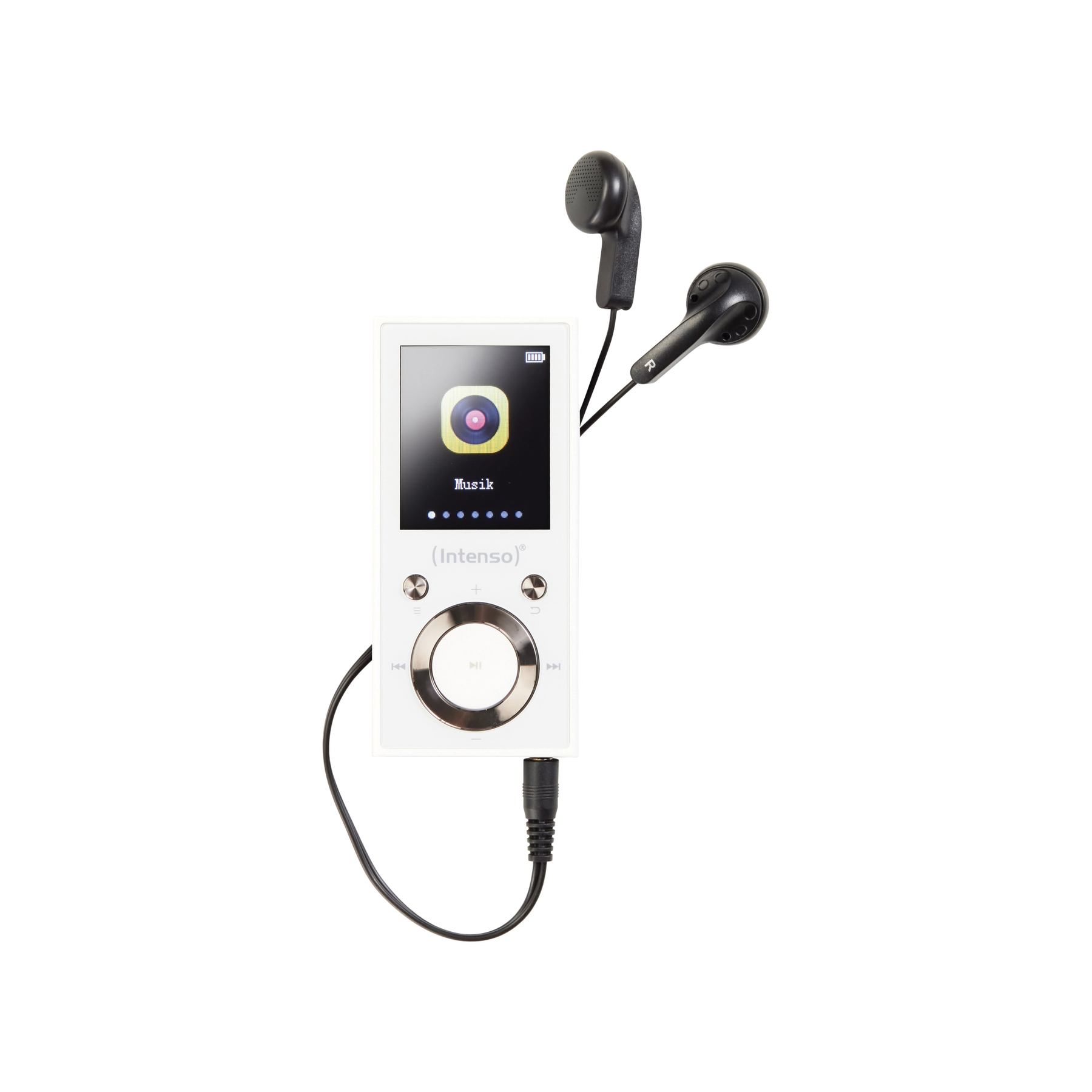Weißer MP3-Player mit Bildschirm, der ein Musiknoten-Symbol anzeigt. Kopfhörer sind angeschlossen.