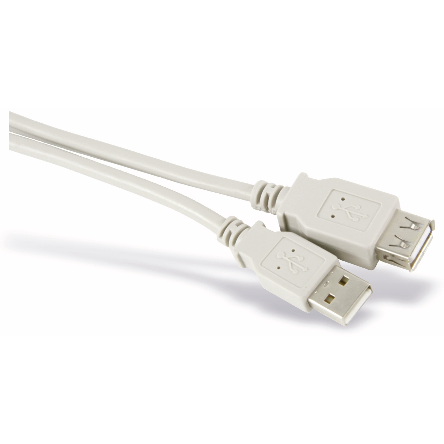 Due cavi USB grigio chiaro con connettori su una superficie bianca.