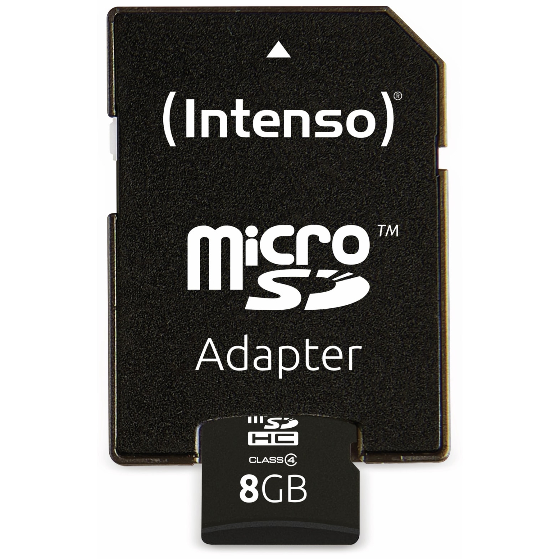 Un adaptador Micro SD negro con el logotipo de Intenso y 8 GB de capacidad.