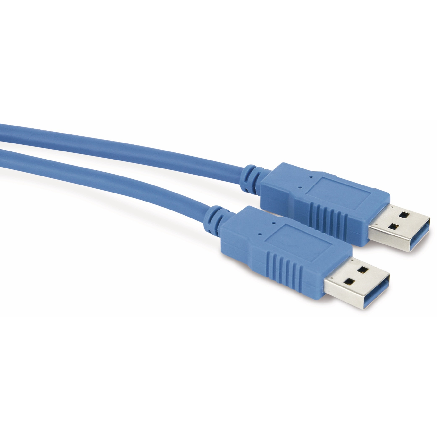 Due cavi USB blu con connettori USB. Sfondo bianco.