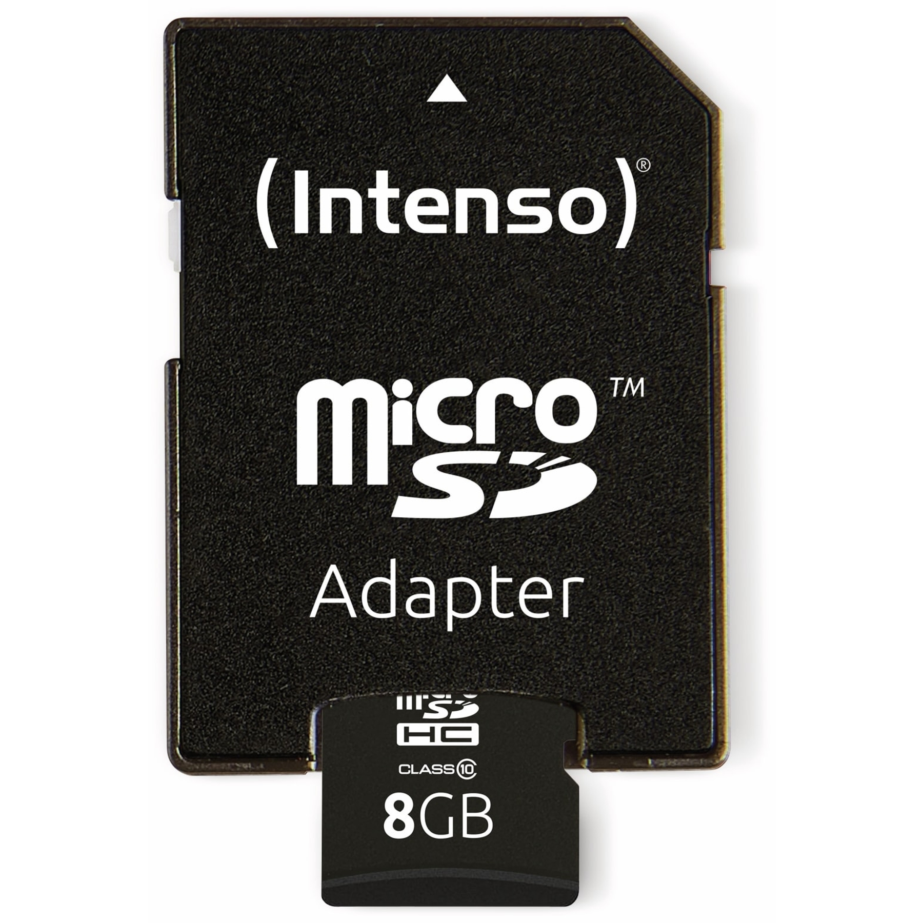 Schwarzer Micro SD-Adapter mit einer 8GB Micro SD-Karte.