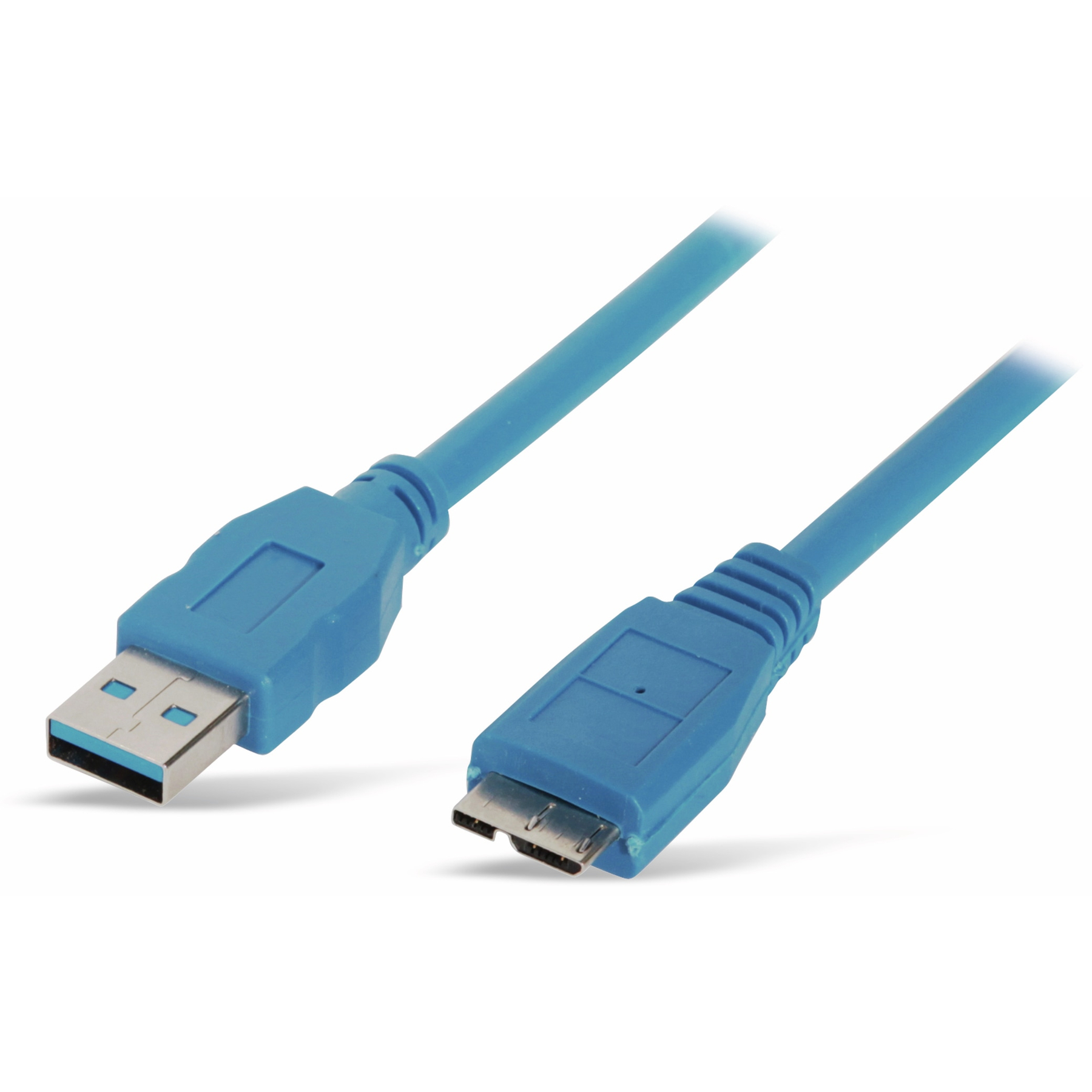 Un cavo USB blu con un connettore USB-A e un micro-USB. Sfondo bianco.