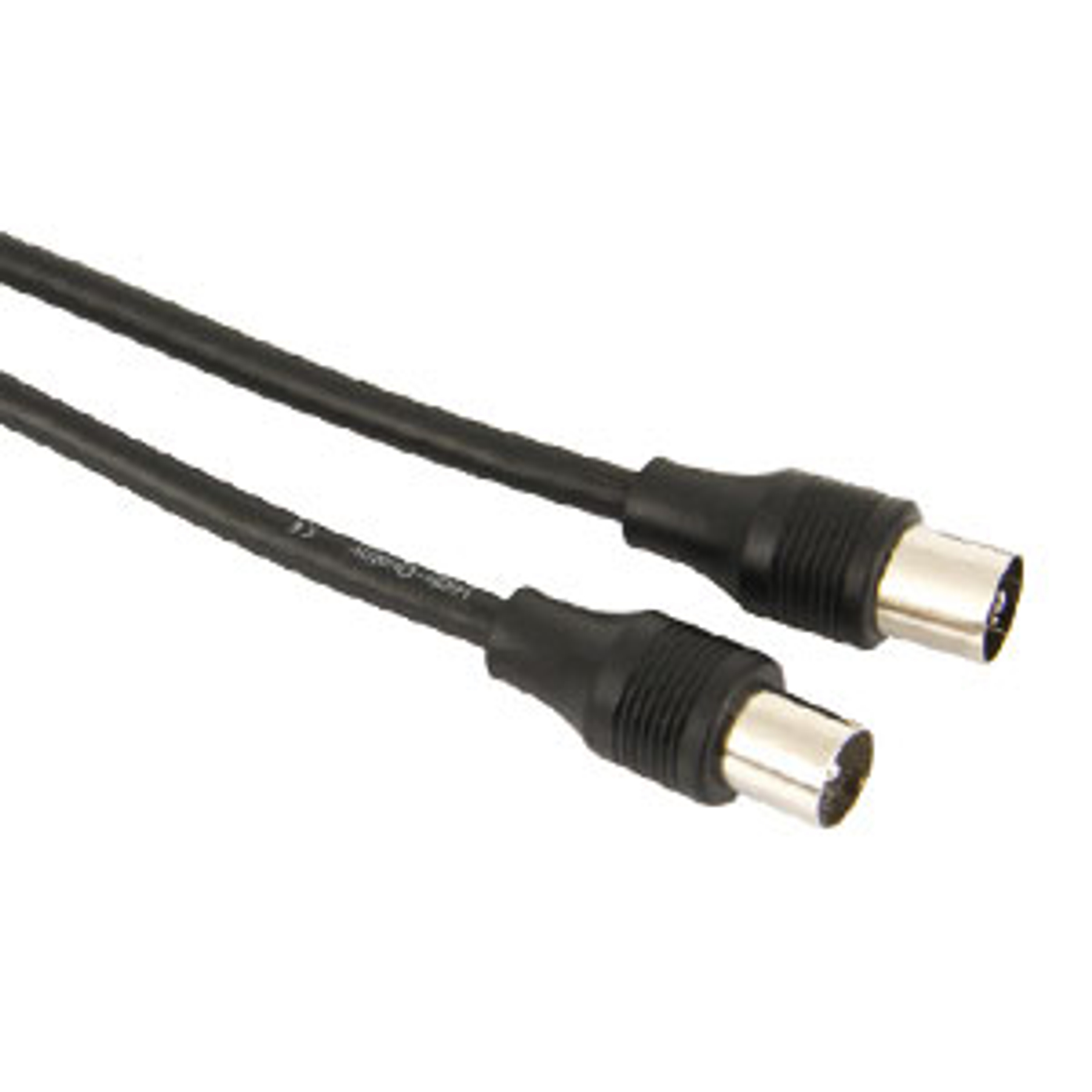 Zwei schwarze Koaxialkabel mit Metallsteckern. Die Kabel befinden sich auf weißem Hintergrund.
