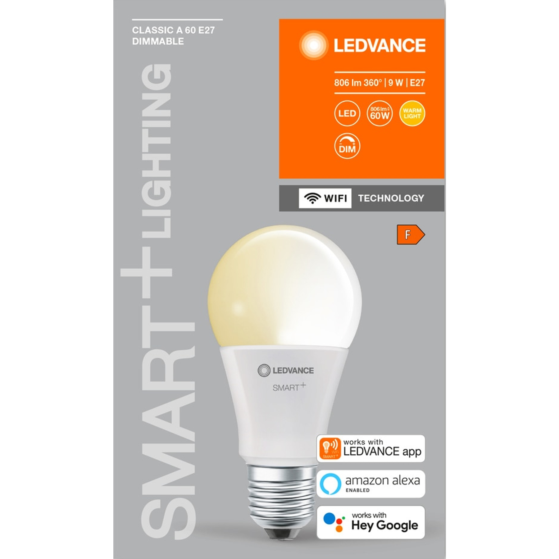 Lampadina intelligente LEDVANCE con base bianca e lampadina tinta di giallo, testo e icone.