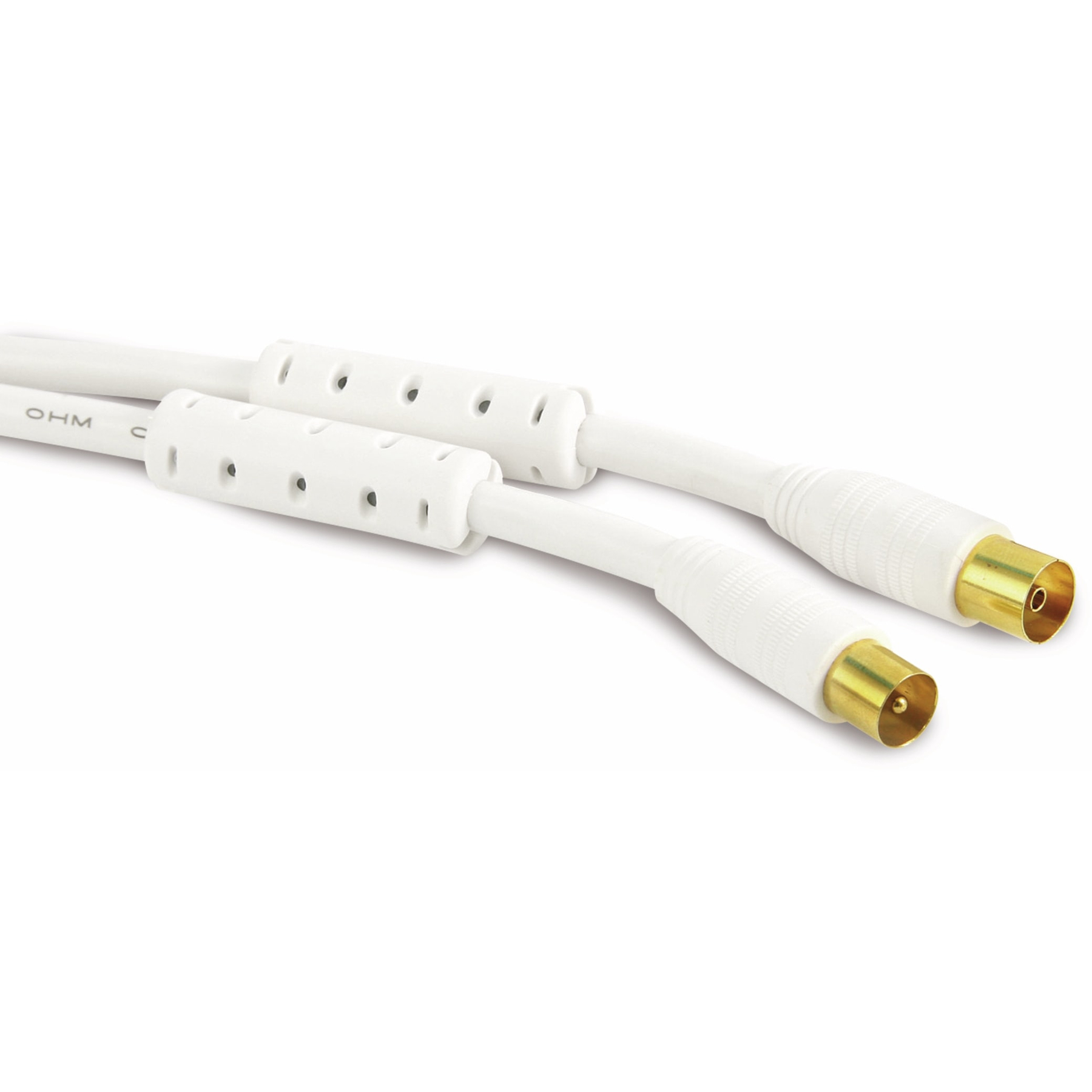 Zwei weiße Kabel mit goldenen Steckern liegen auf einer weißen Oberfläche. Es ist eine Nahaufnahme.