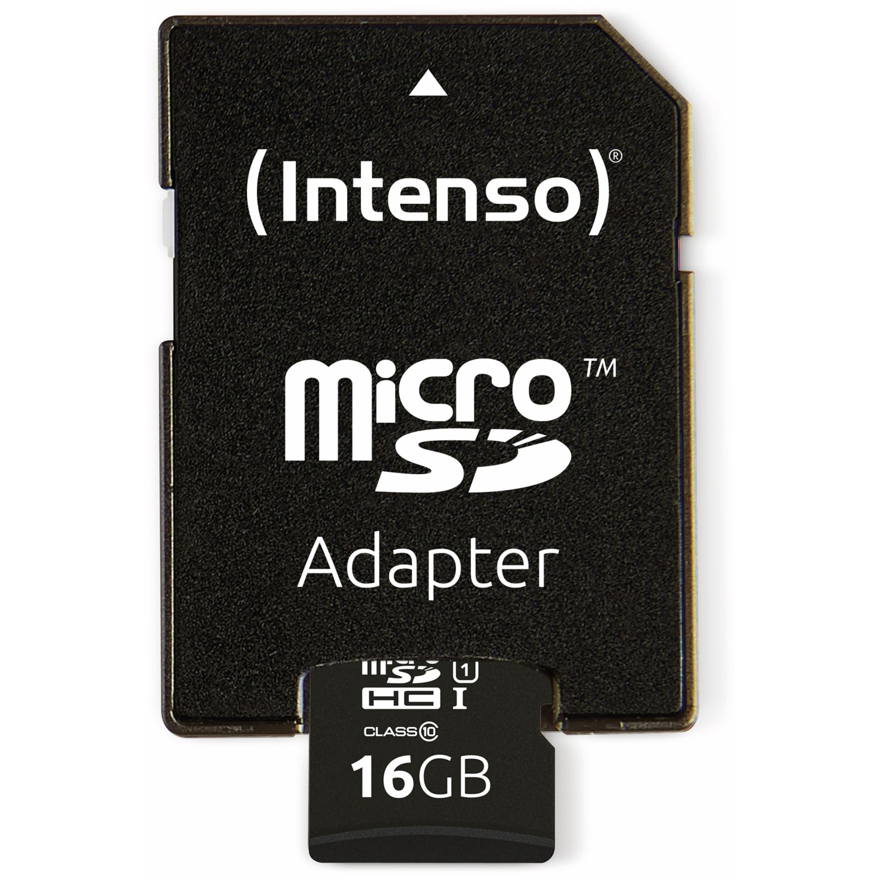 Zwarte Micro SD-adapter en een Micro SD-kaart. Op de adapter staat (Intenso) en Micro SD.