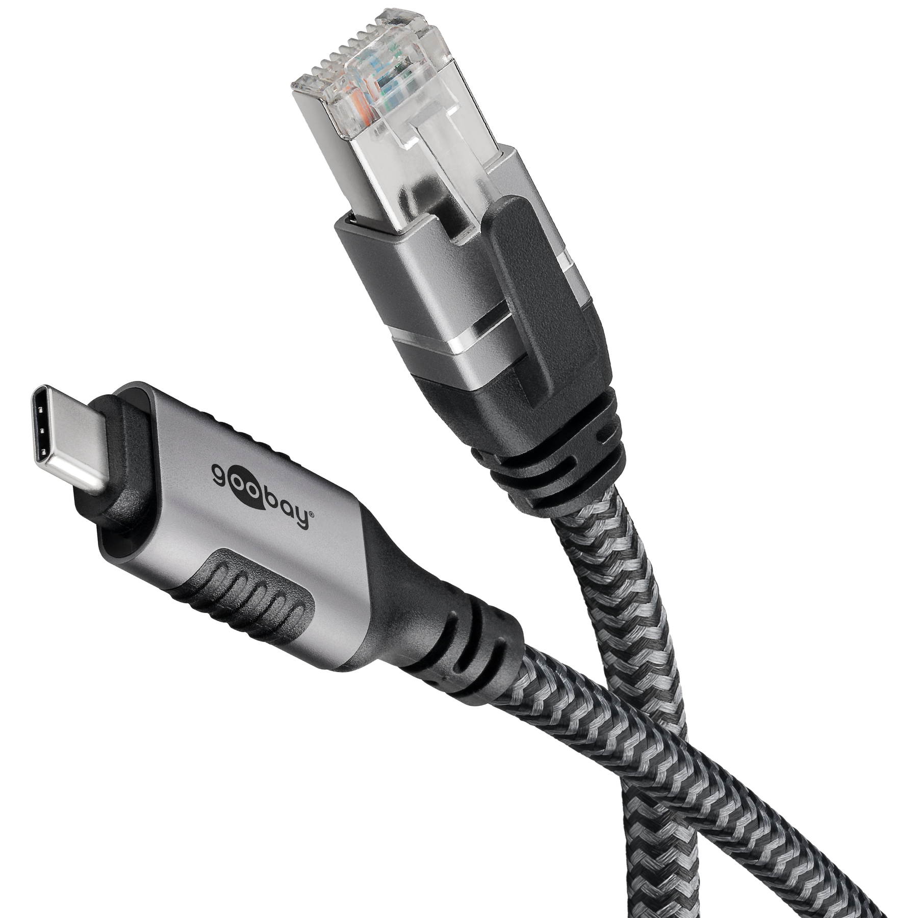 Un cavo da USB-C a Ethernet. Ha un design intrecciato grigio e nero.