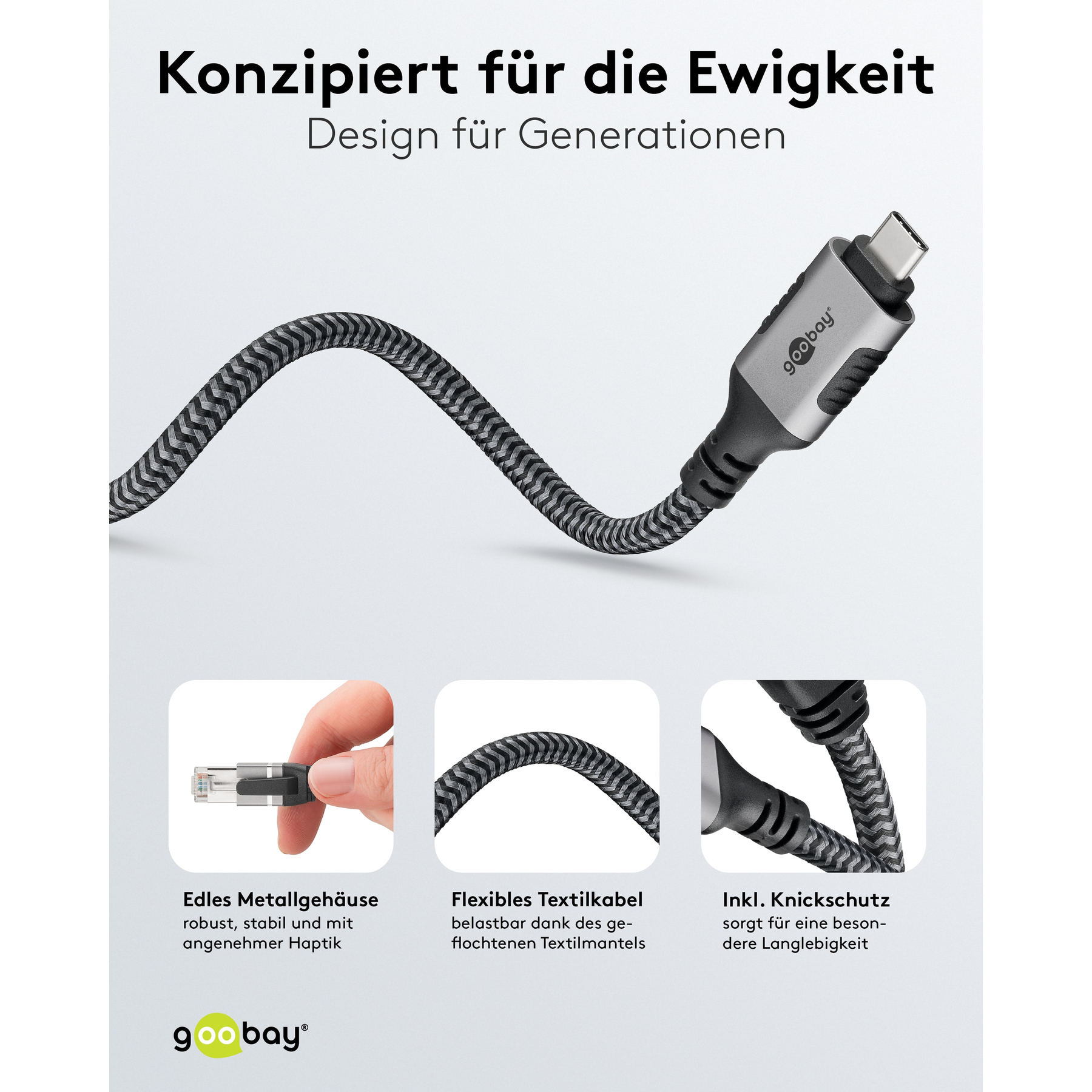Cavo USB-C intrecciato con alloggiamento in metallo, cavo tessile flessibile e protezione.