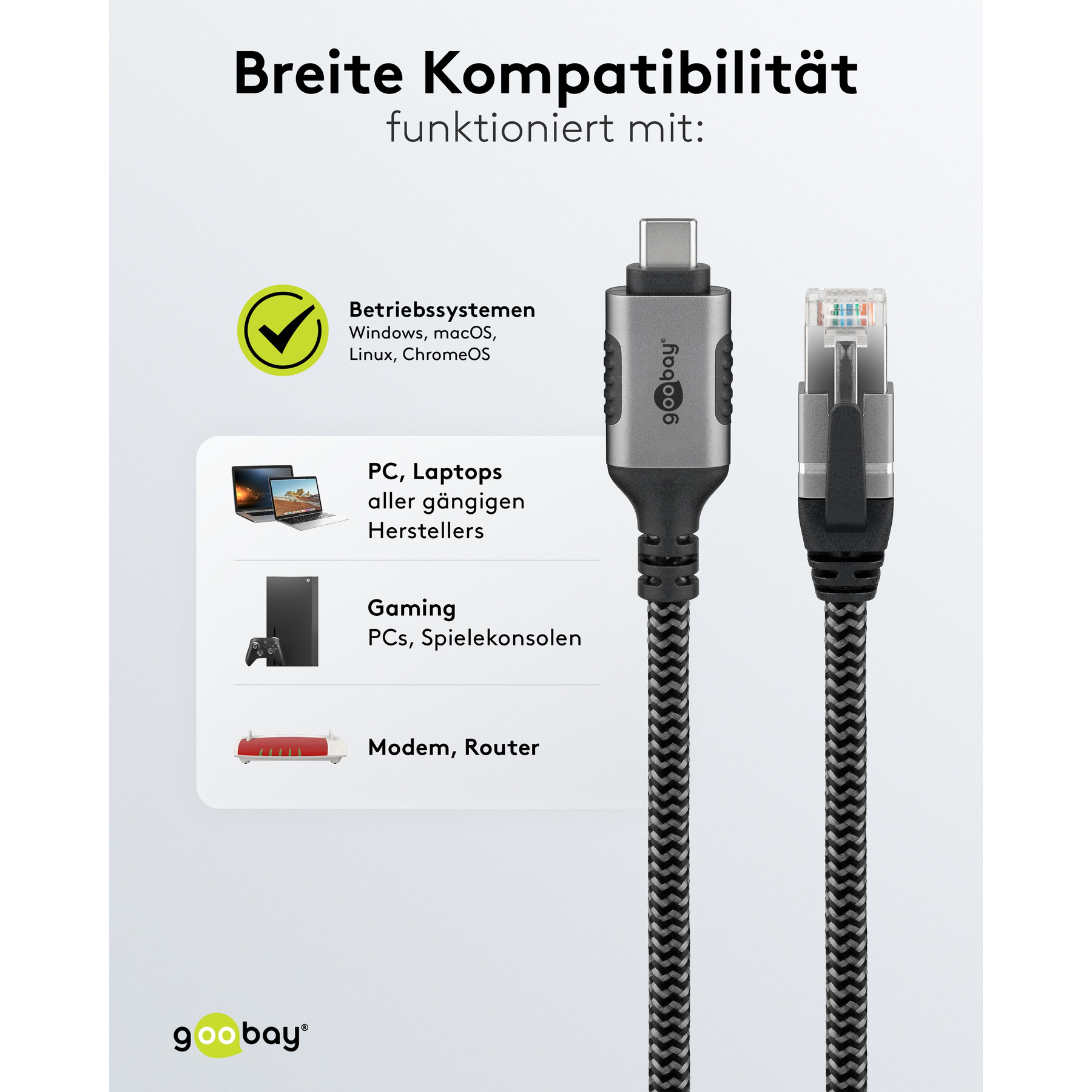 Cavo adattatore da USB-C a Ethernet con testo sulla compatibilità. Include un connettore USB-C e RJ45.