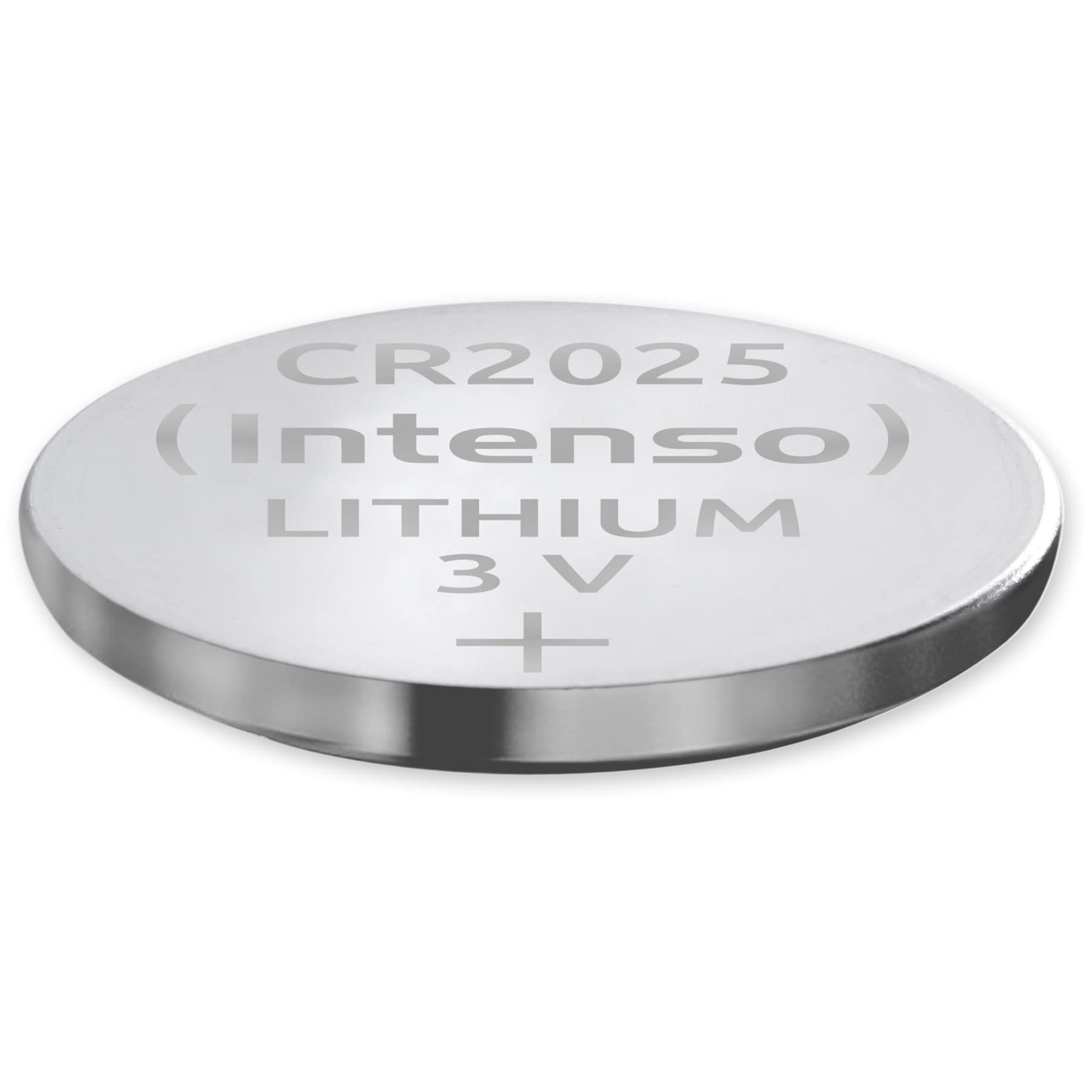 Srebrna bateria CR2025. Tekst: CR2025 (Intenso) LITHIUM 3V +.