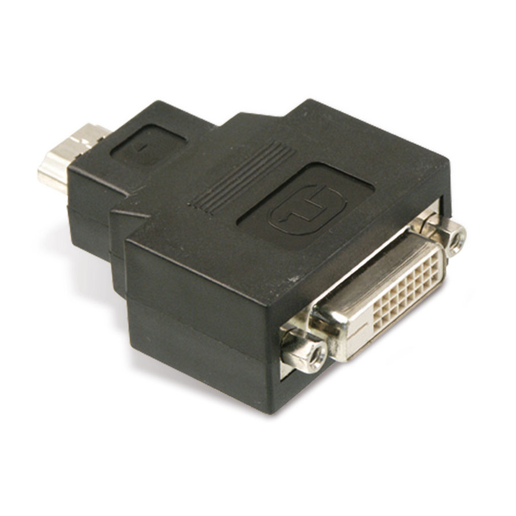 Ein schwarzer Adapter mit Mini-DisplayPort und DVI-Anschluss. Es ist auf weißem Hintergrund.