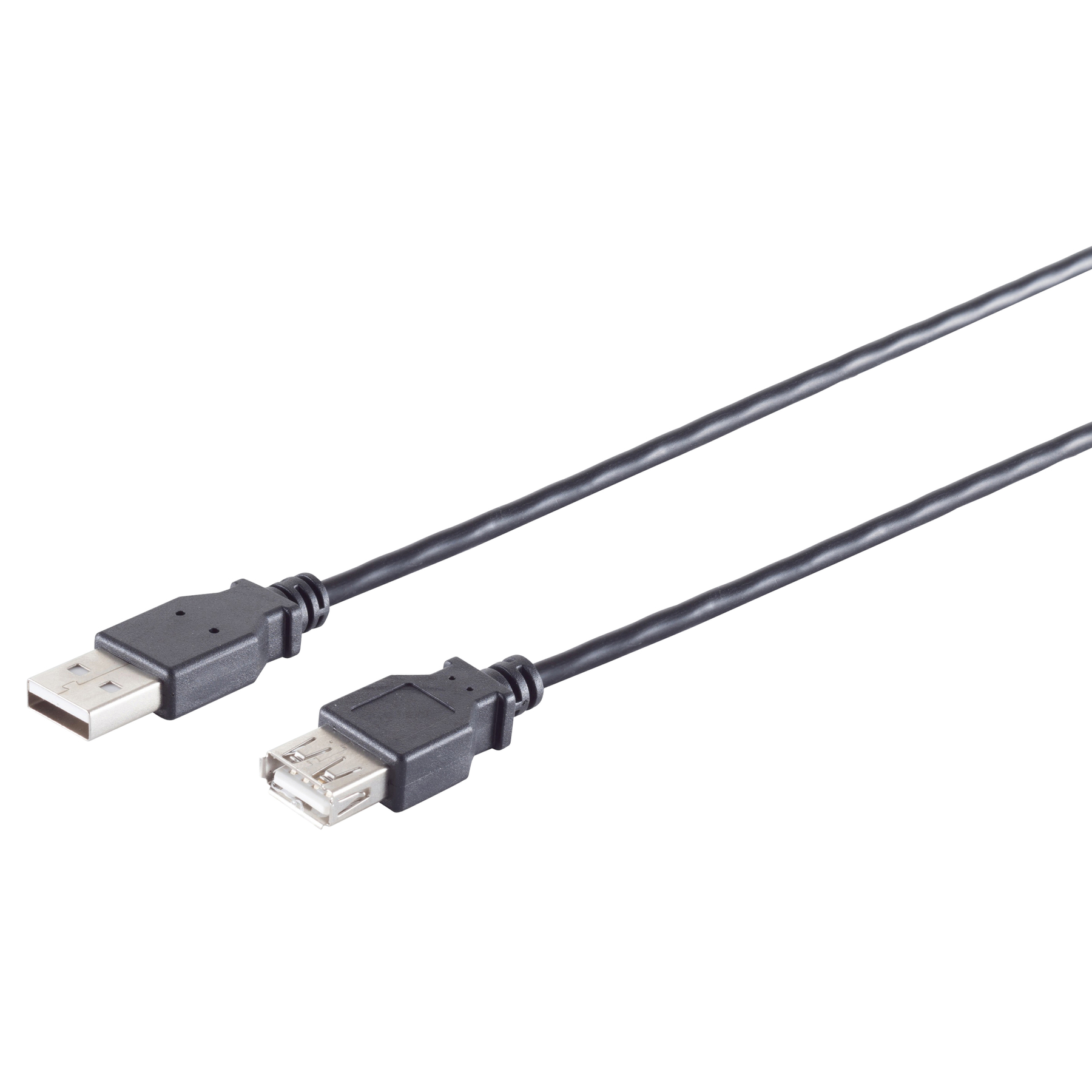 Schwarzes USB-Kabel mit USB- und USB-Buchsen. Das Kabel liegt auf weißem Untergrund.