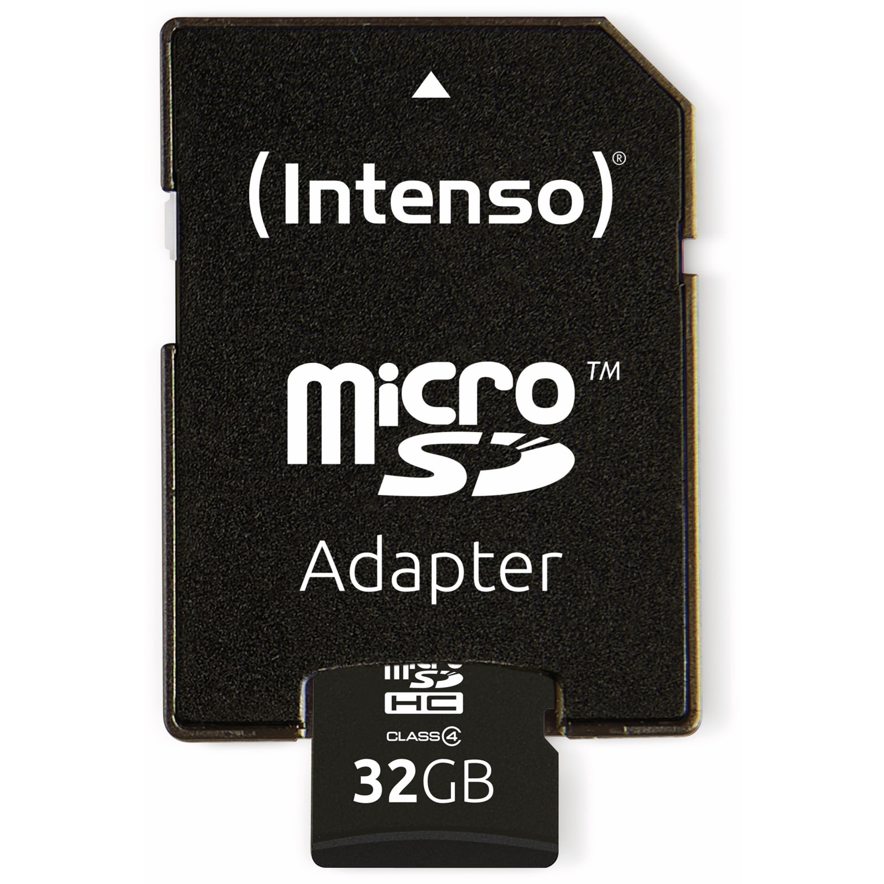 Ein schwarzer SD-Kartenadapter mit einer 32GB Micro-SD-Karte. Weißer Text und Logo auf dem Adapter.
